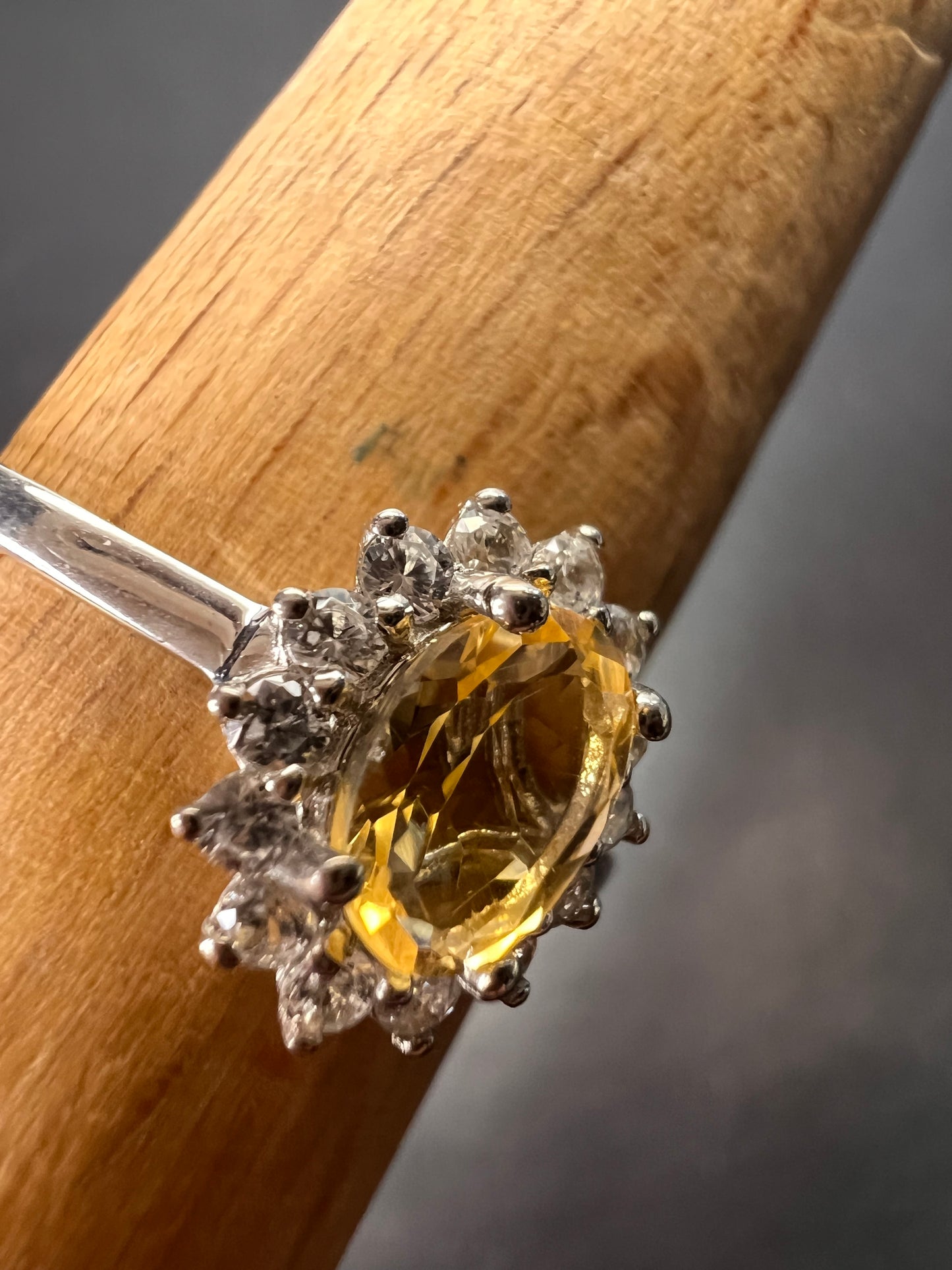 Brazilian citrine and zircon halo ring in platinum over sterling silver size 9 *NEW*