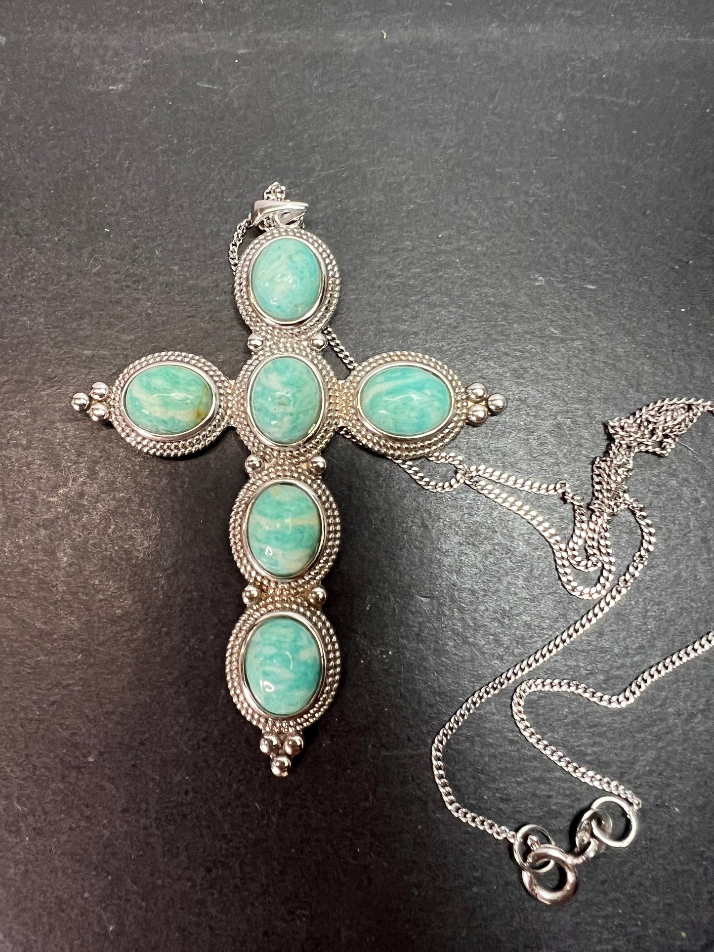 Amazonite cross pendant and chain necklace in sterling silver