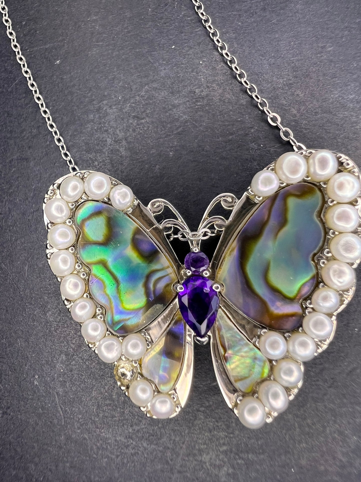 Abalone, amethyst and pearl butterfly sterling silver necklace