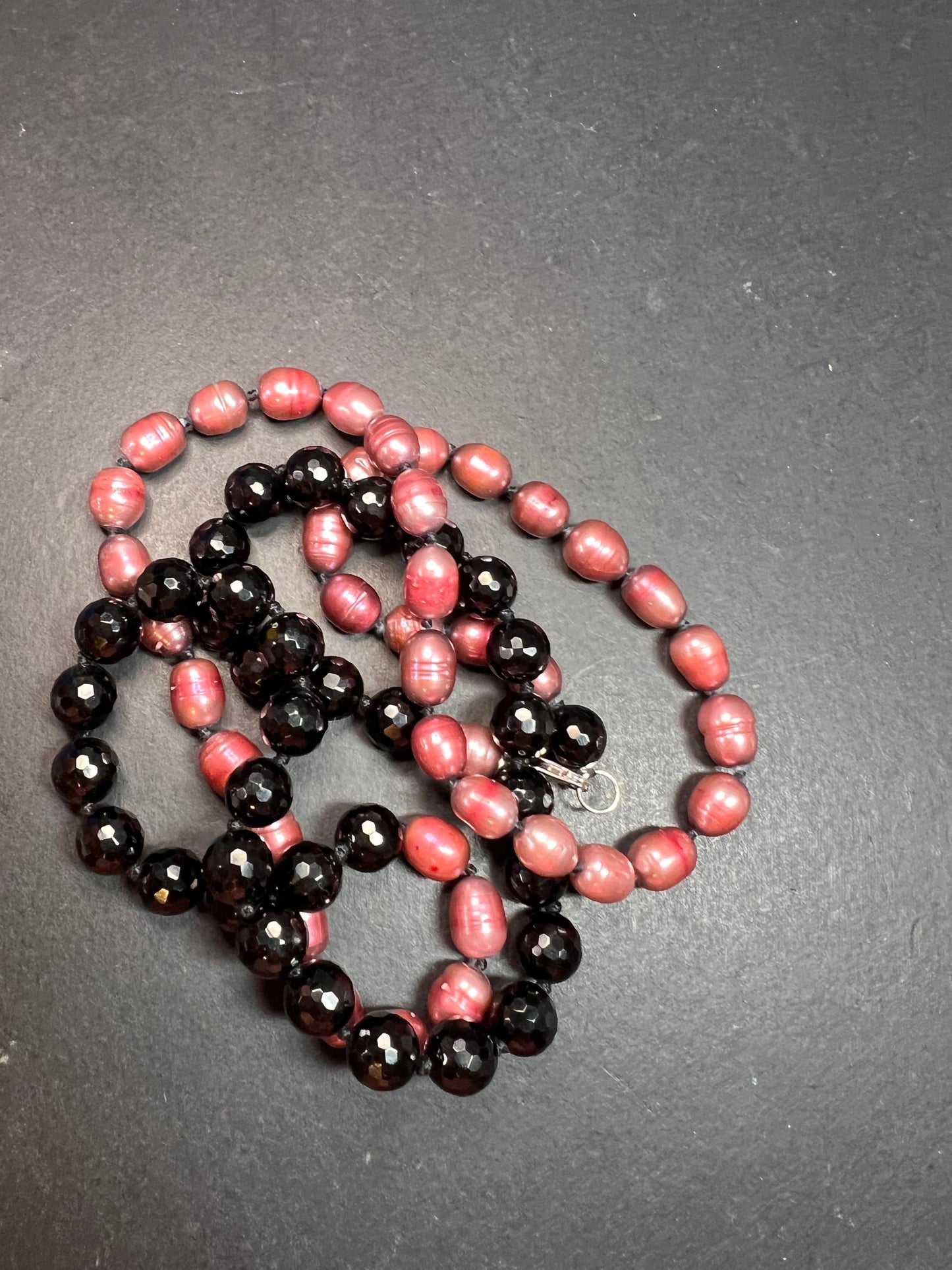 NEW freshwater pearl and black tourmaline 36 inch necklace with sterling silver clasp