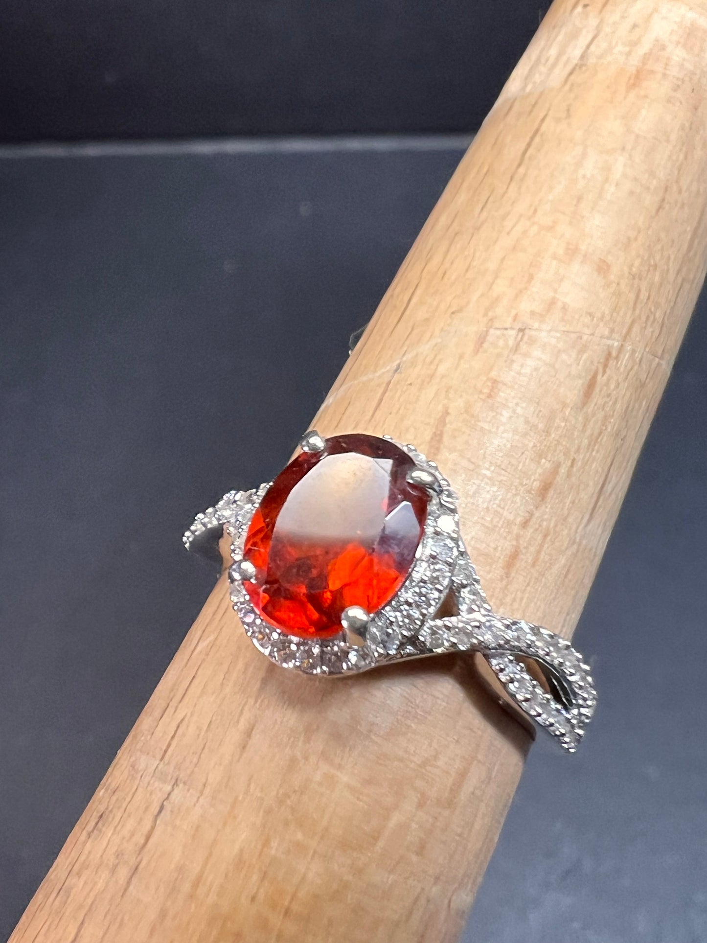 NEW Ceylon Hessonite garnet and zircon ring in rhodium over sterling silver size 7