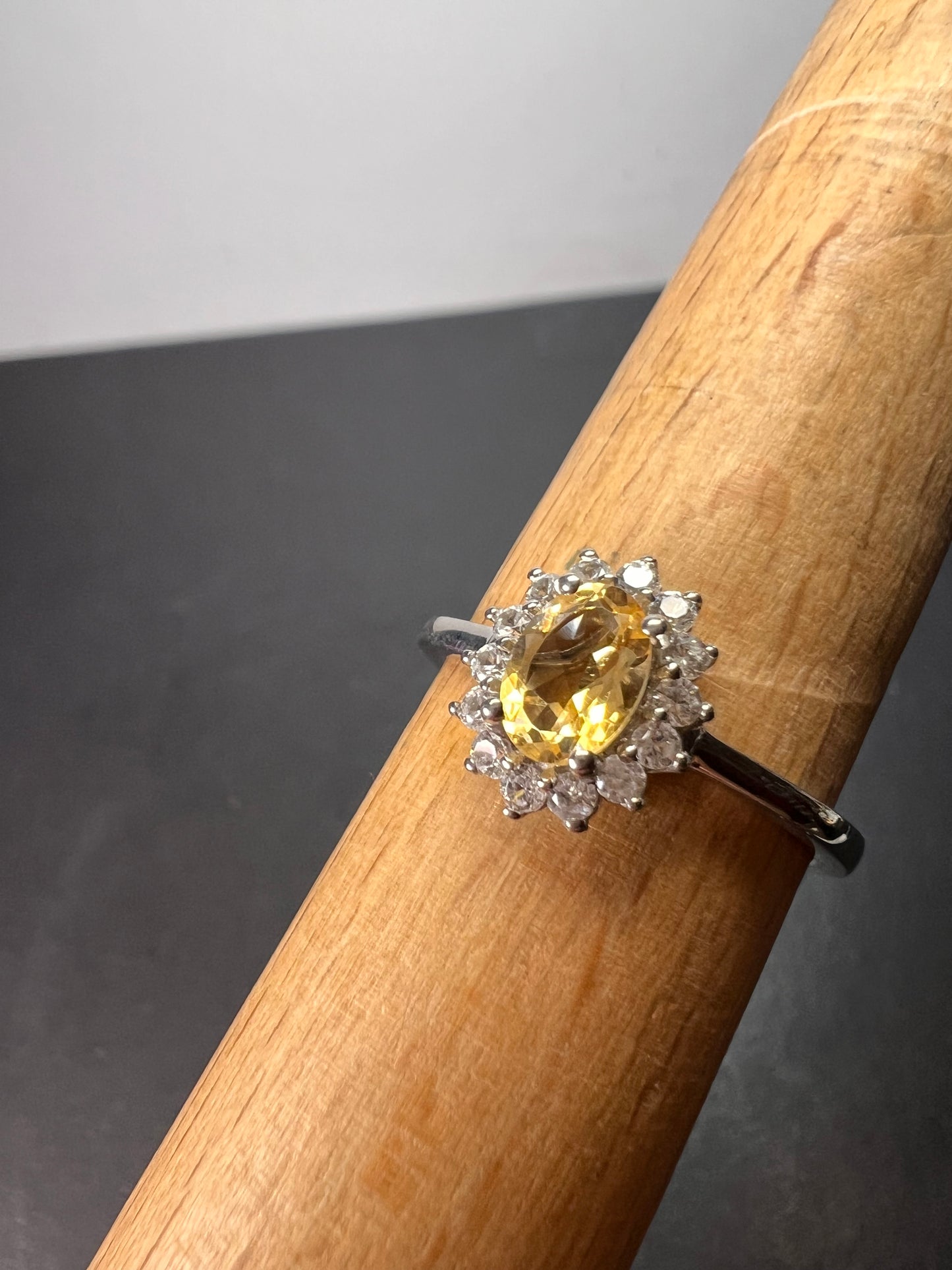 Brazilian citrine and zircon halo ring in platinum over sterling silver size 9 *NEW*