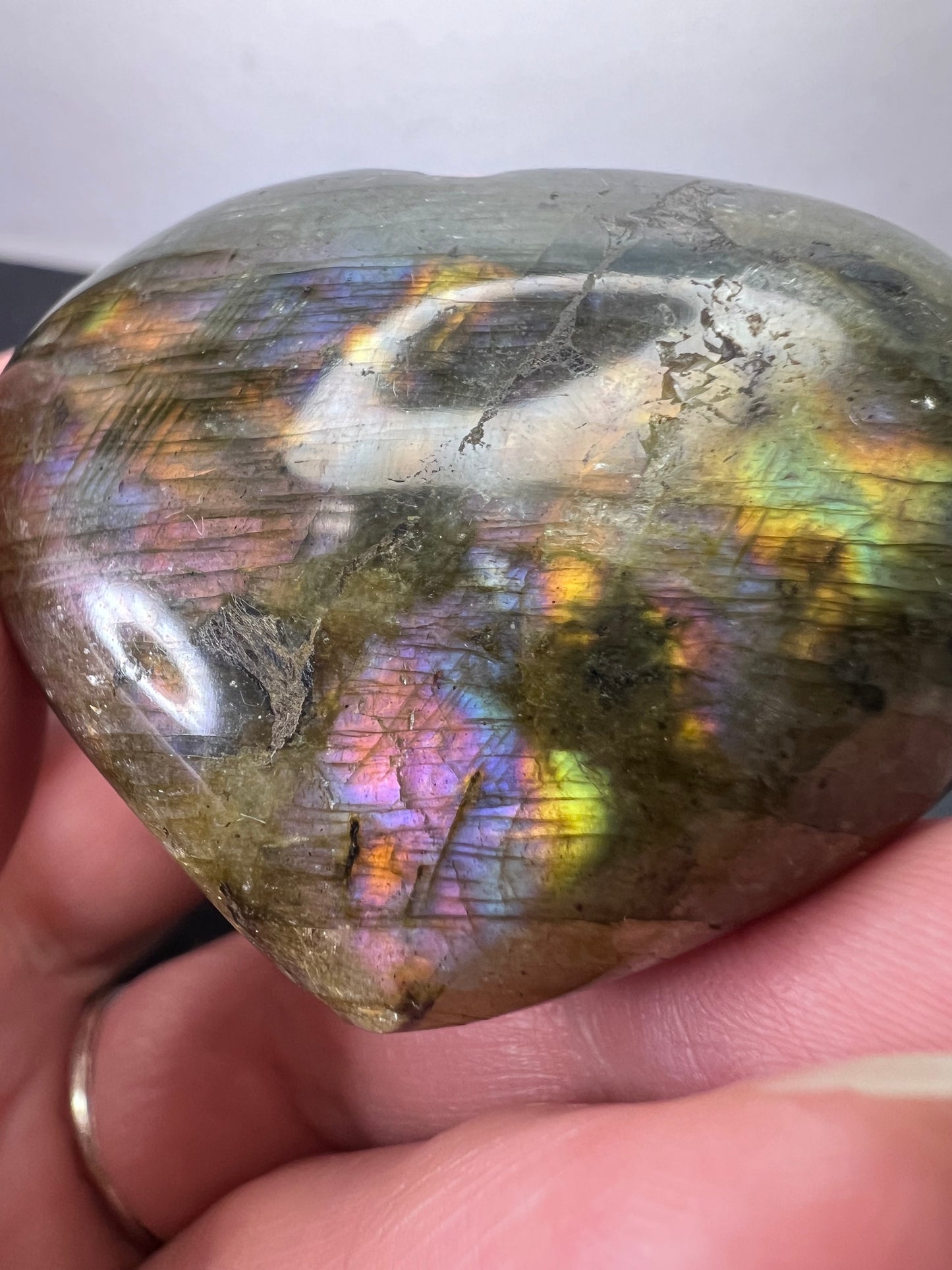 Labradorite heart with pink purple flash