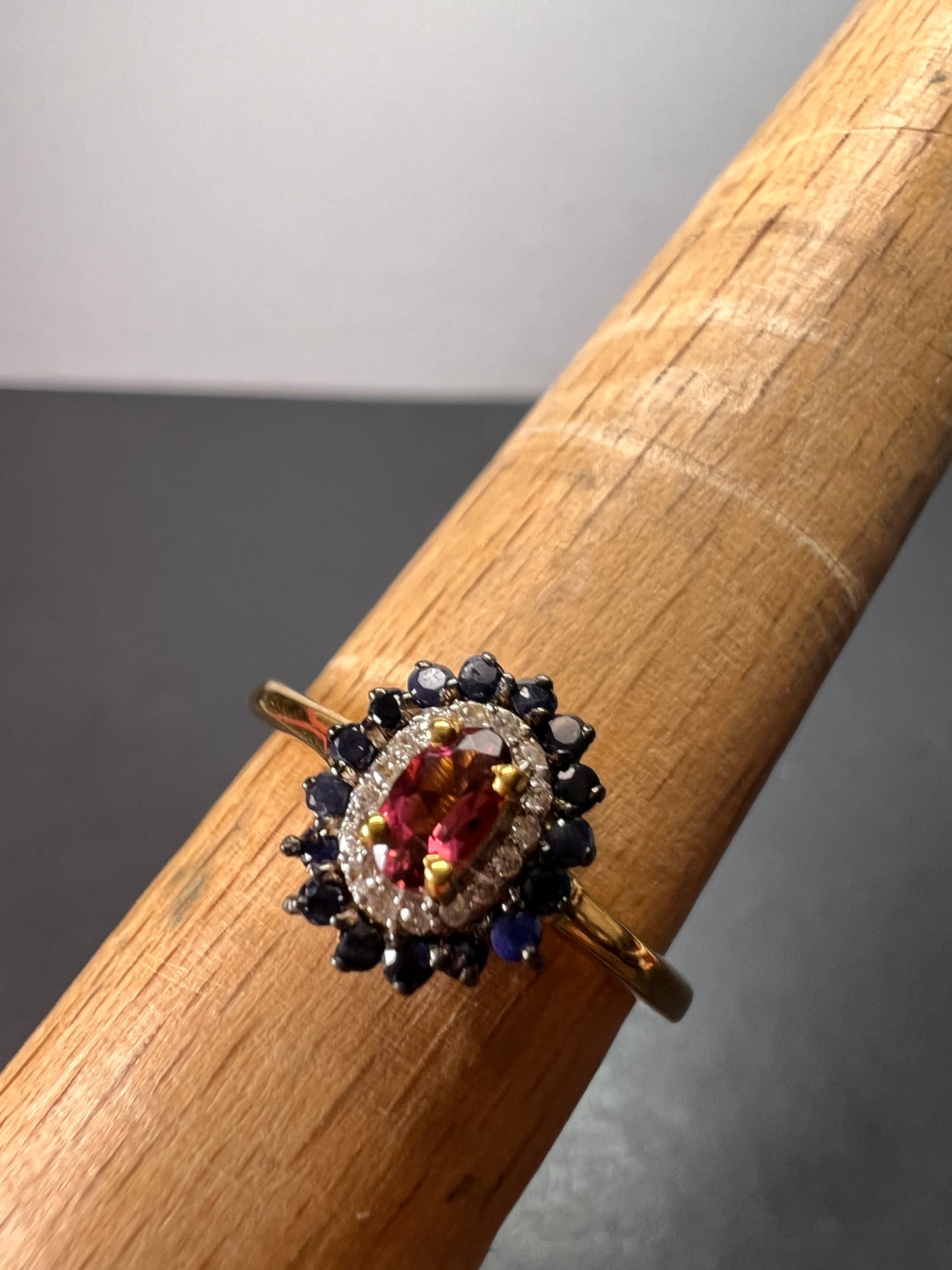 Ofiki rubellite and blue sapphire double halo ring in vermeil yellow gold over sterling silver size 8