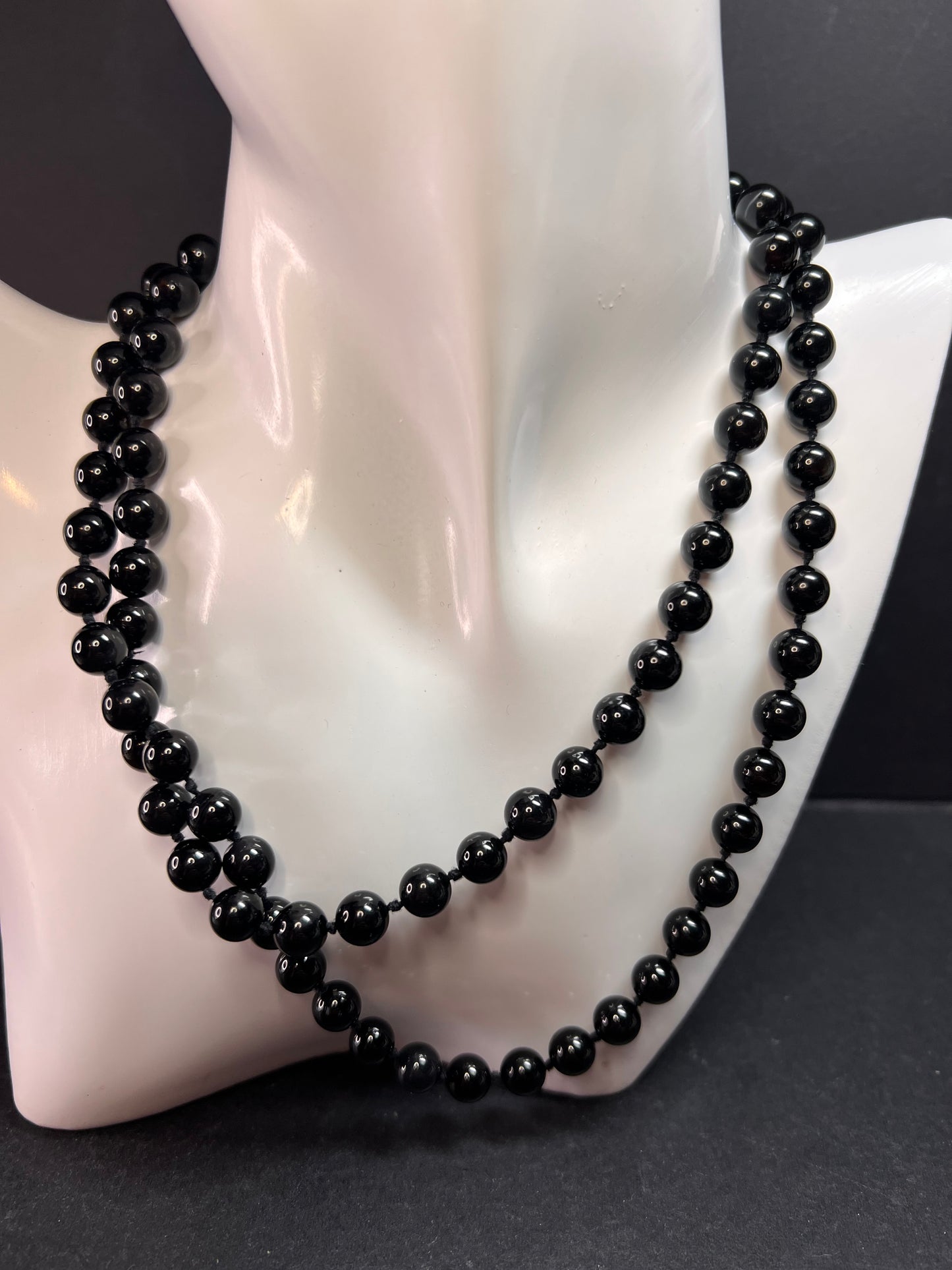 Estate Black Onyx Endless Necklace 8mm Knotted Beads 34 Inch Modern