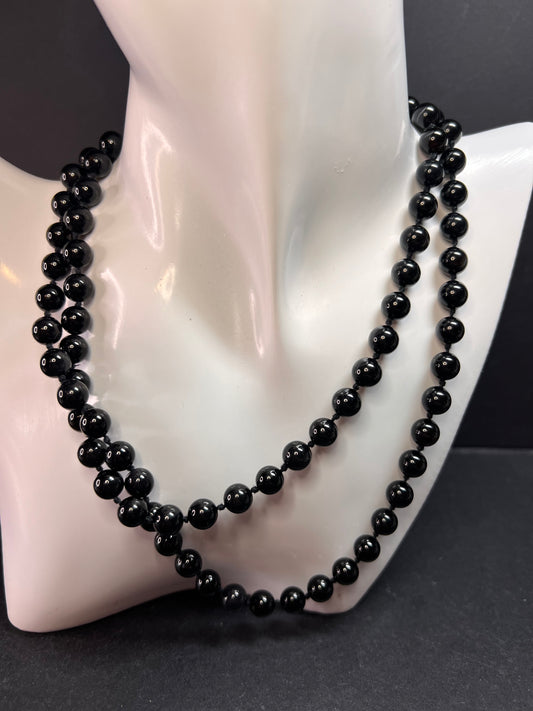 Estate Black Onyx Endless Necklace 8mm Knotted Beads 34 Inch Modern