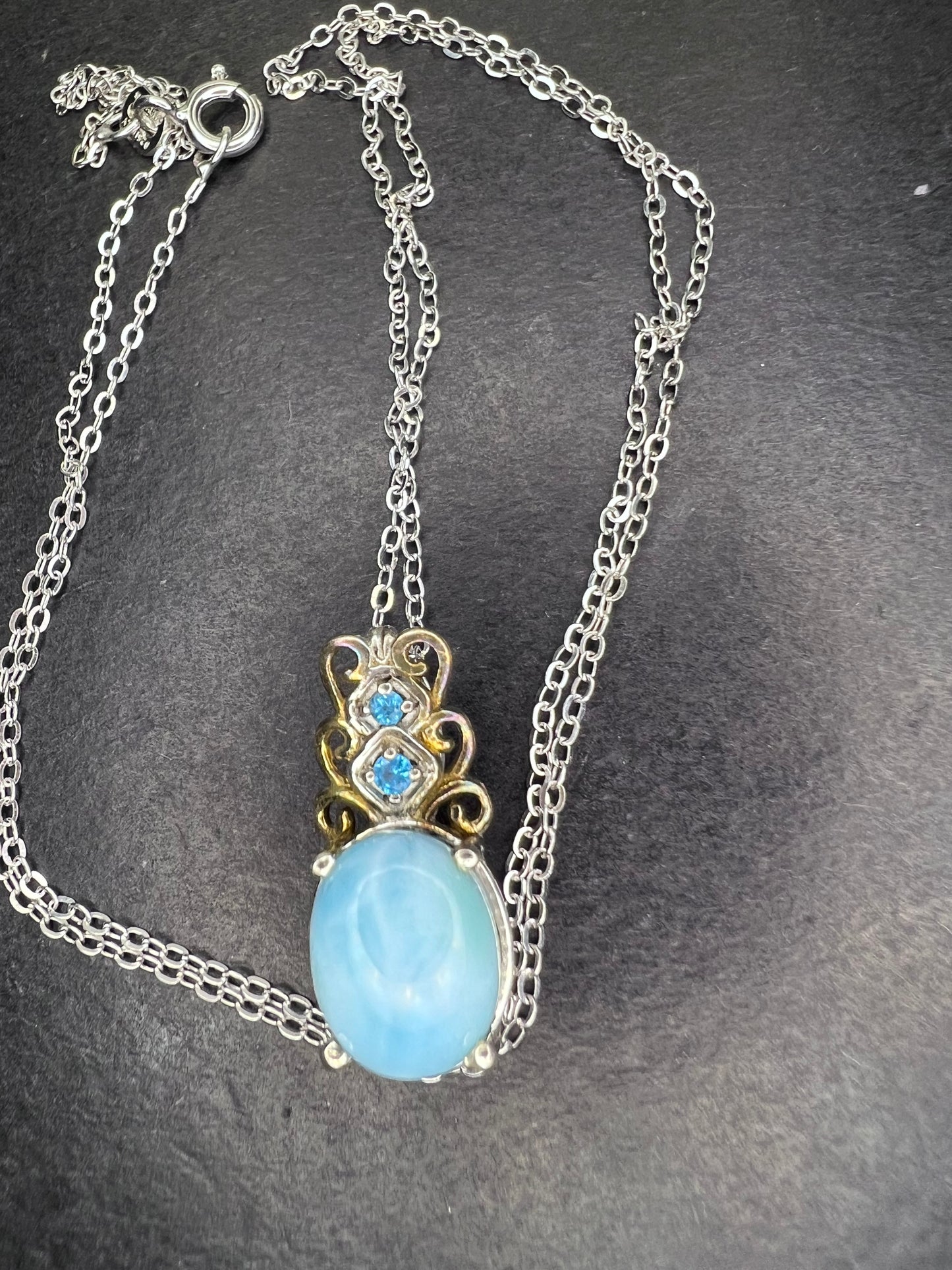 Larimar and neon blue apatite sterling silver pendant and 20 inch chain necklace