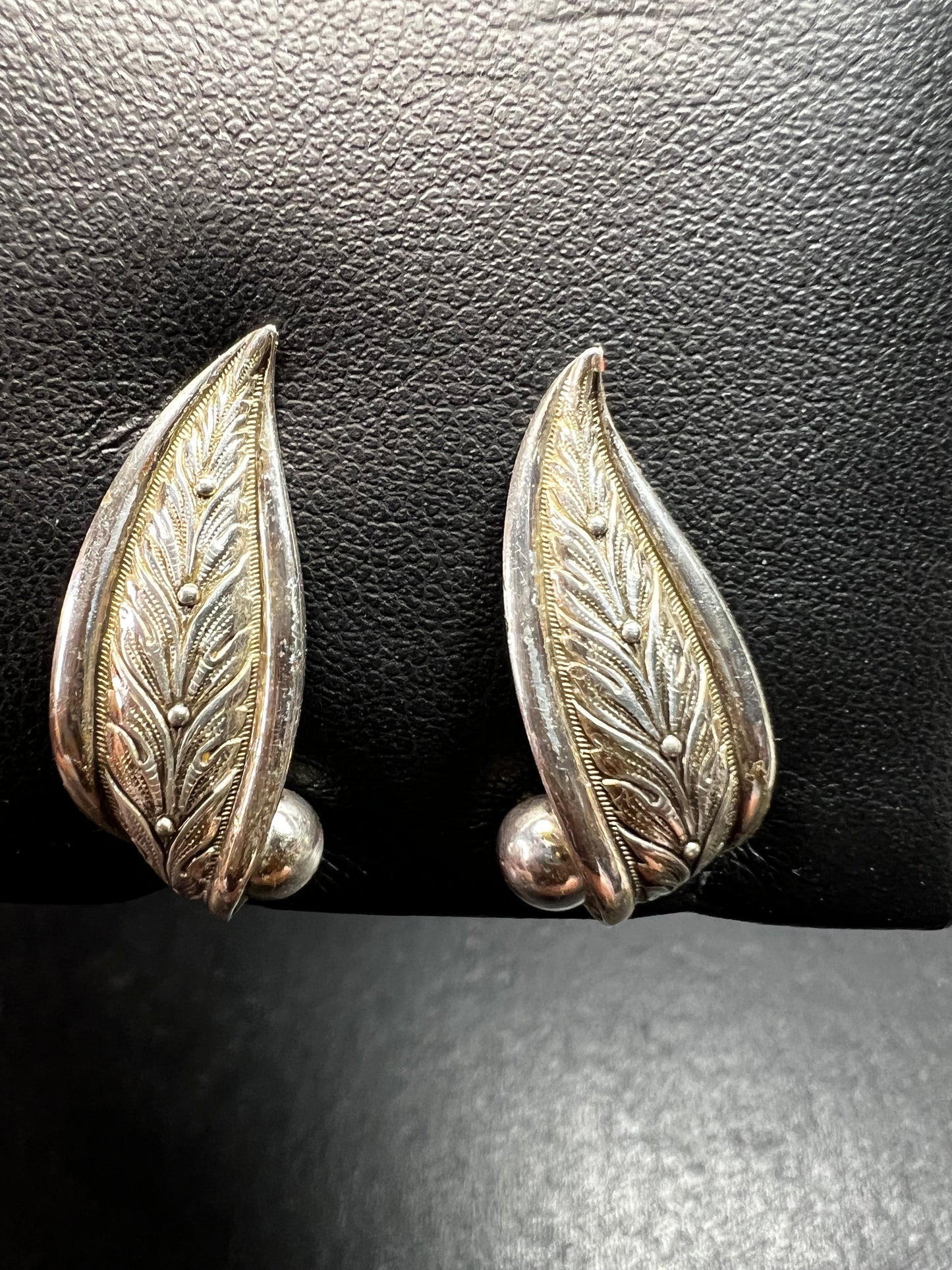 Vintage Forstner Sterling Silver Leaf Screwback Earrings Mid Century