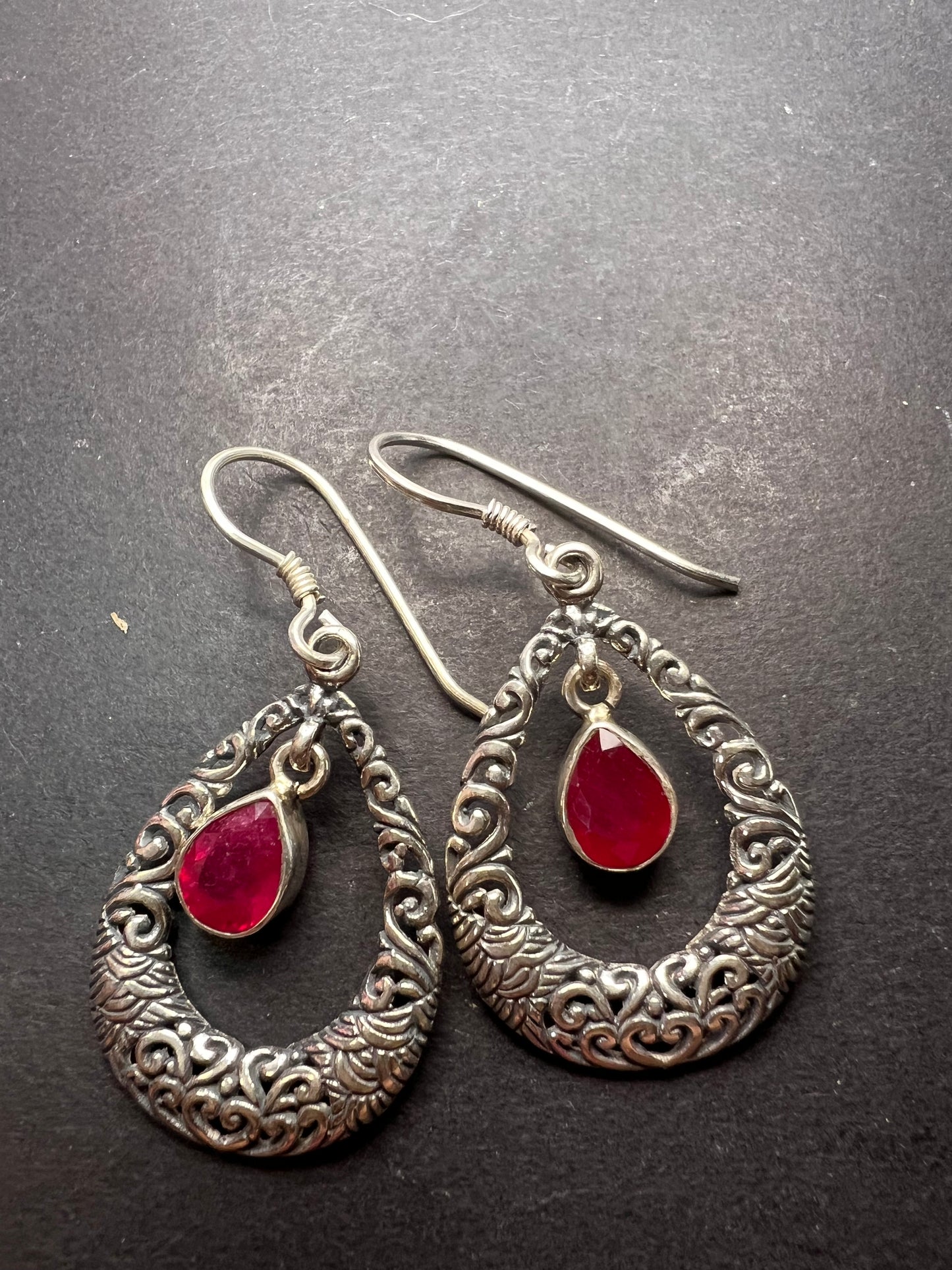 Ruby sterling silver open tear drop earrings