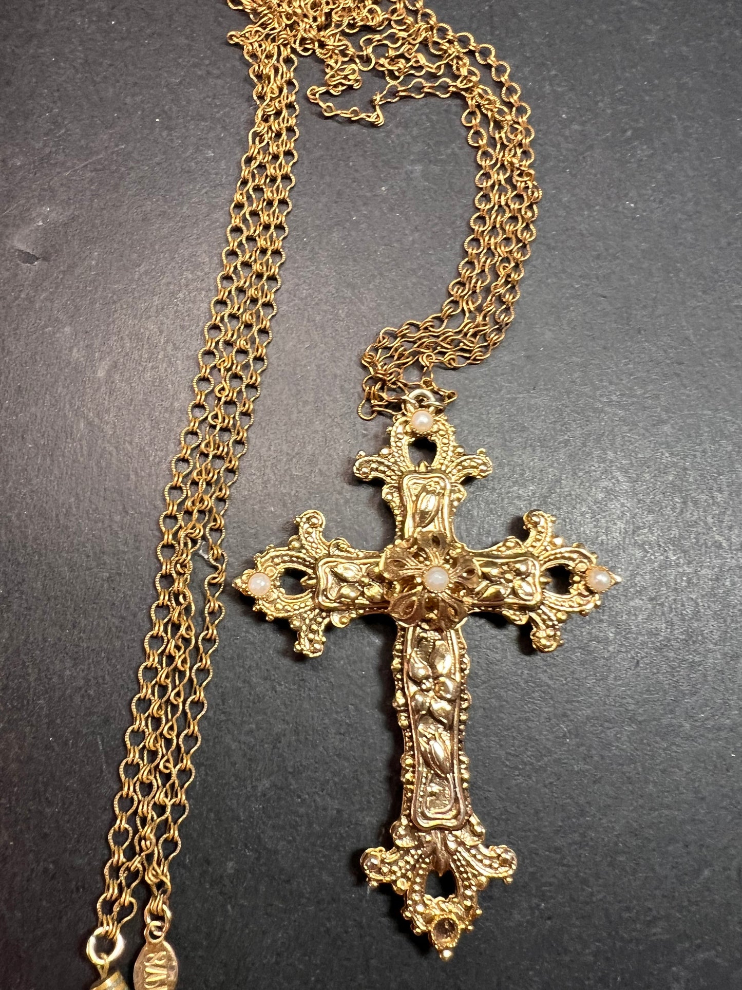 Vintage 1928 Gold Tone Cross Pendant Necklace with Faux Pearls – Long Chain Statement Jewelry