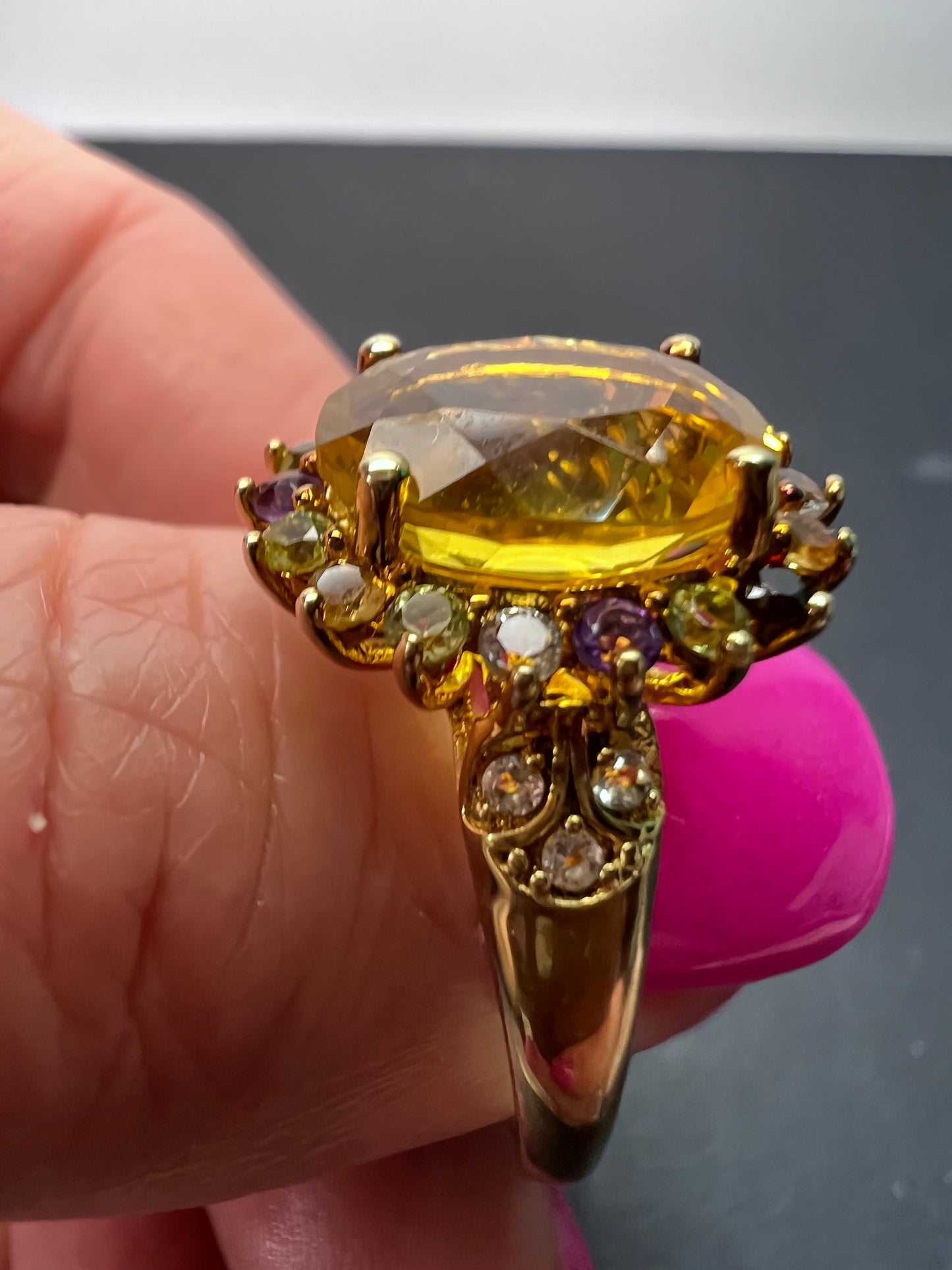 Yellow topaz multi stone gold over sterling silver halo cocktail ring size 8