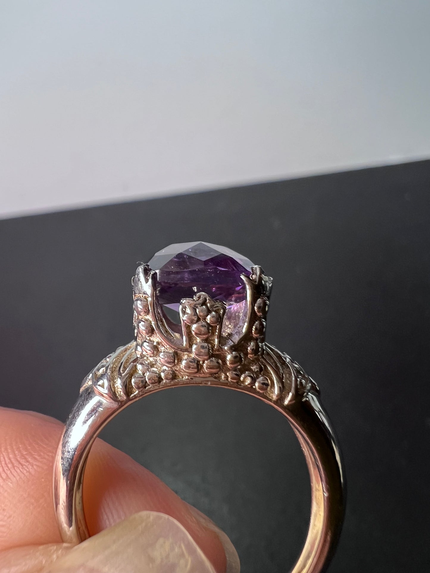 Amethyst cathedral crown setting sterling silver solitaire ring size 9