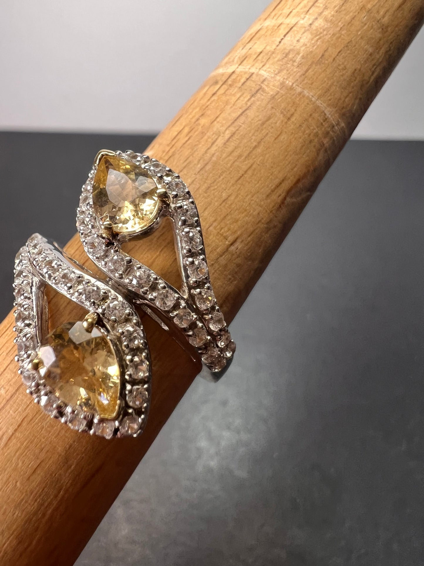 Yellow Beryl and Zircon Sterling Silver Bypass Ring size 9