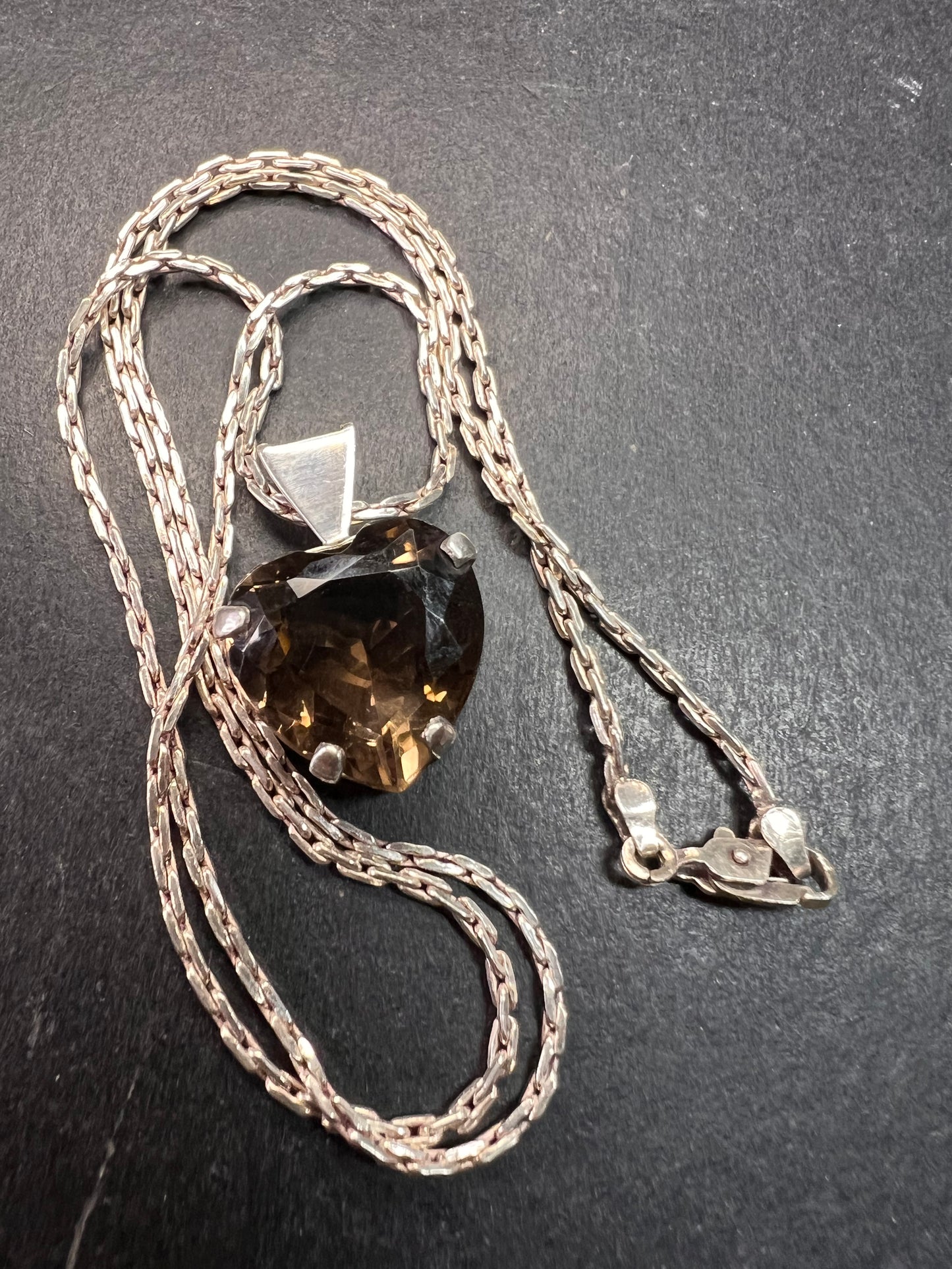 Vintage Smoky Quartz Heart Pendant Necklace Sterling Silver 20”