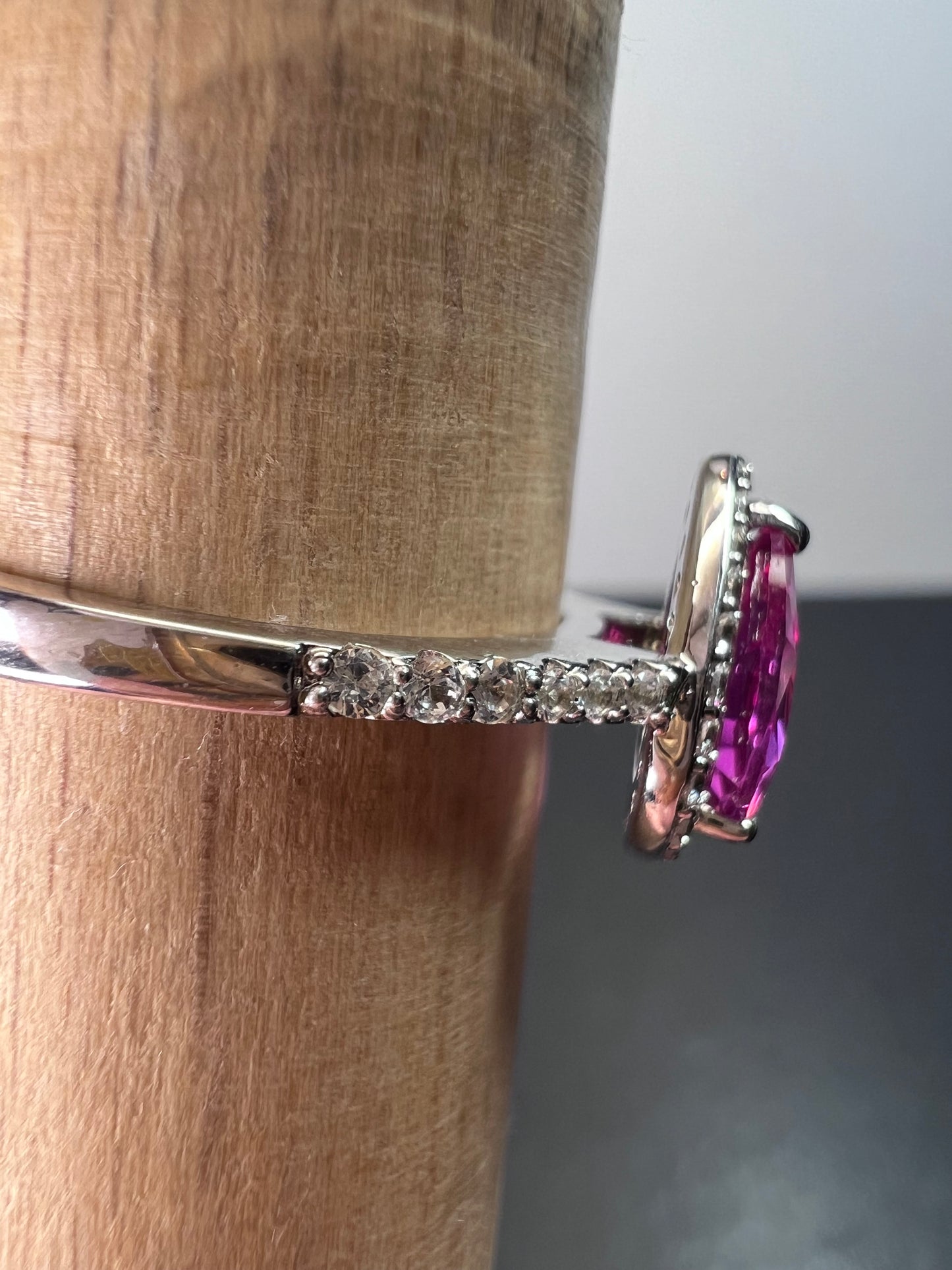 Barbie style lab pink sapphire sterling silver halo ring size 9