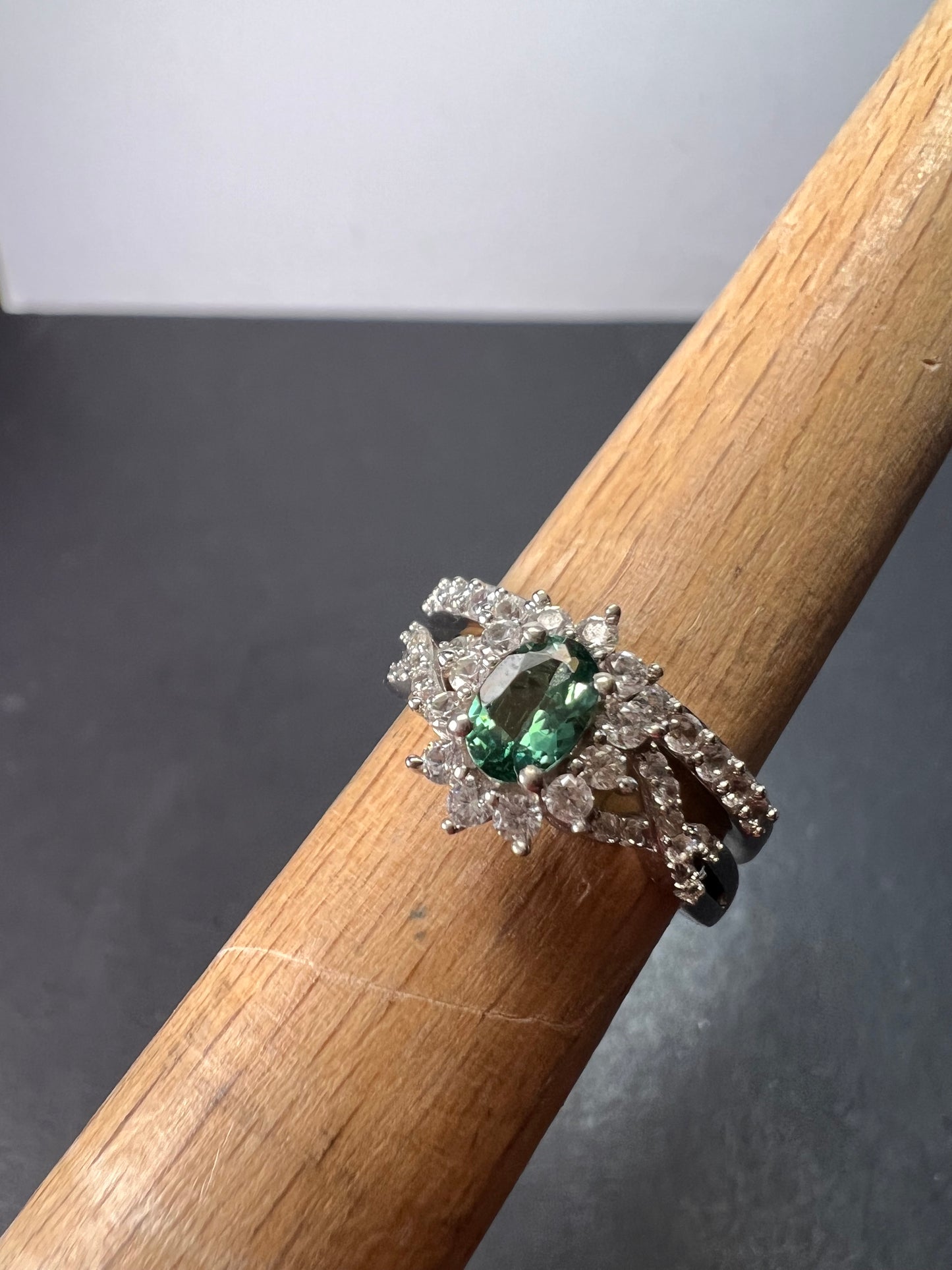 Indian Ocean apatite and zircon ring set in platinum over sterling silver size 5