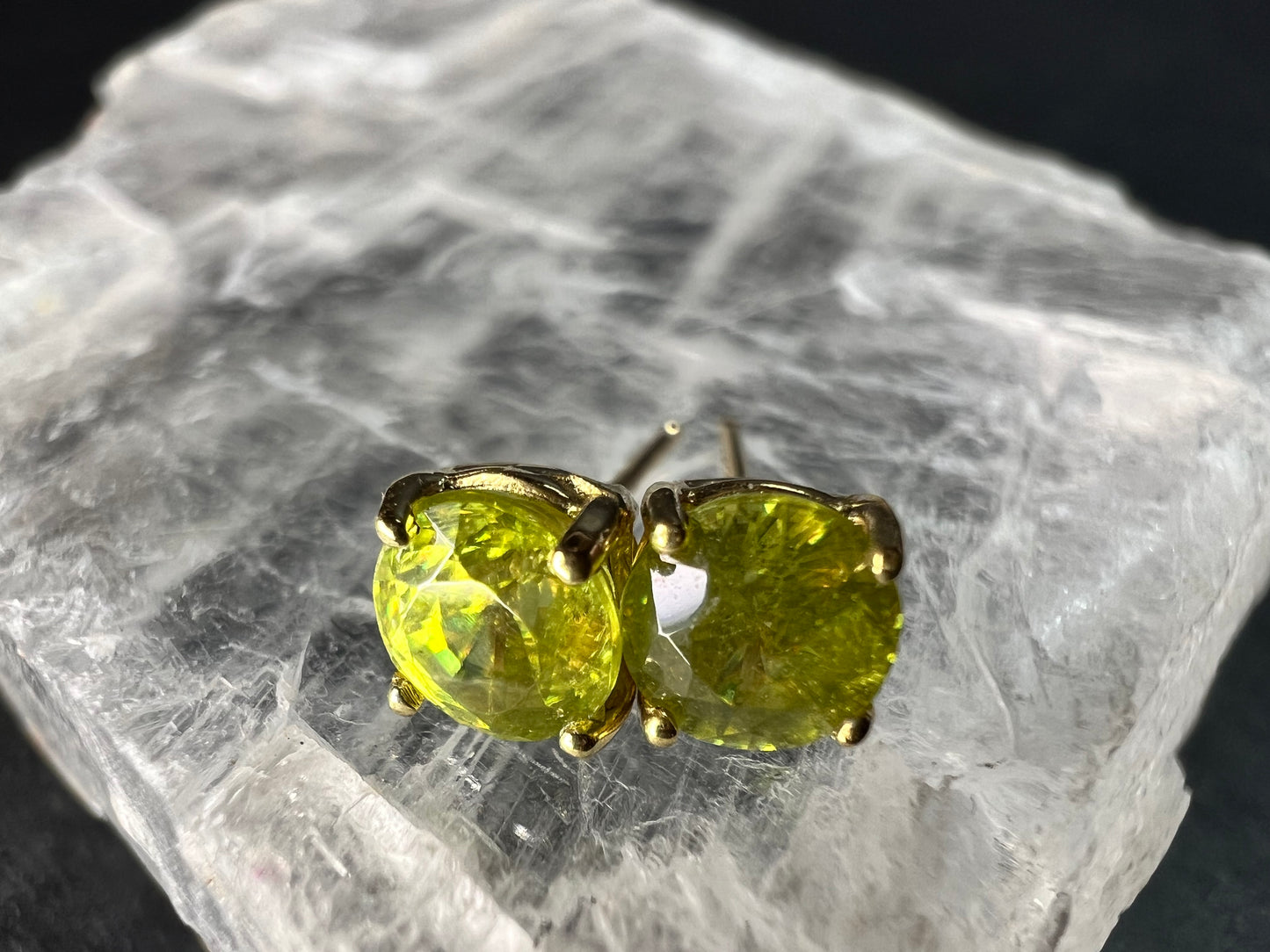 Rare Sphene Titanite Stud Earrings in 14k Yellow Gold