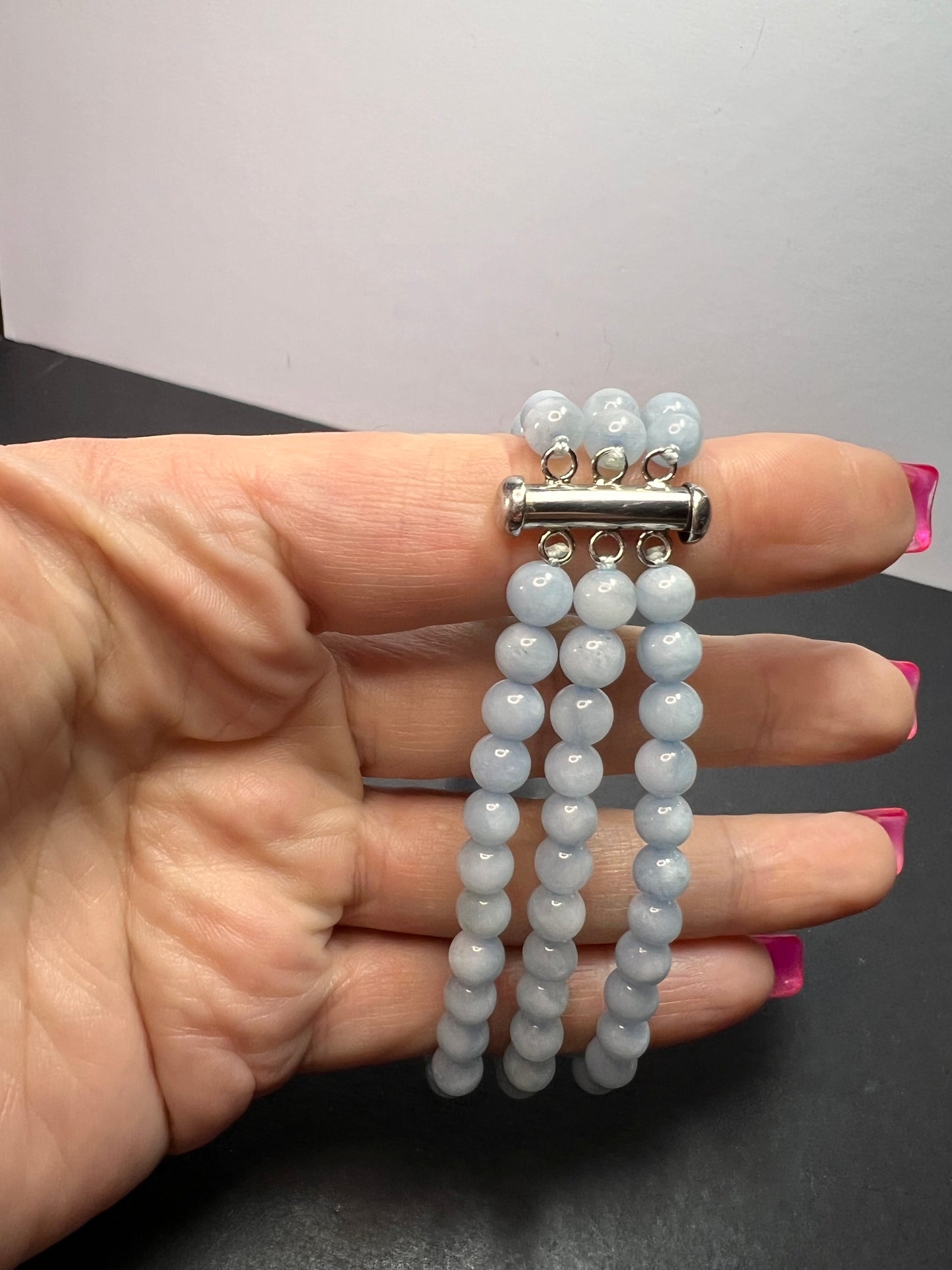 Triple strand beaded aquamarine bracelet with sterling silver slide clasp *NEW*