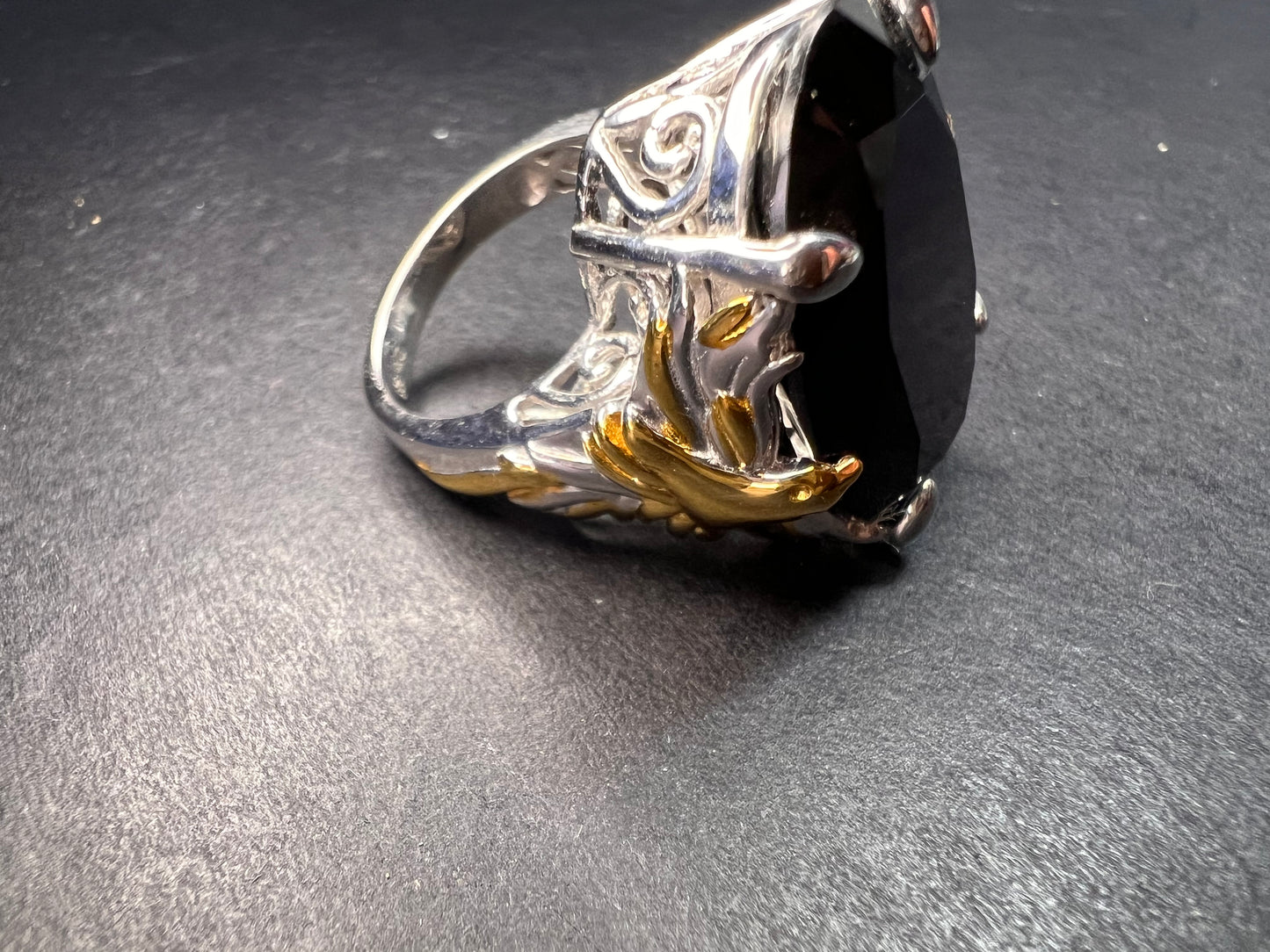NEW Black spinel Phoenix ring in rhodium and gold vermeil over sterling silver size 7