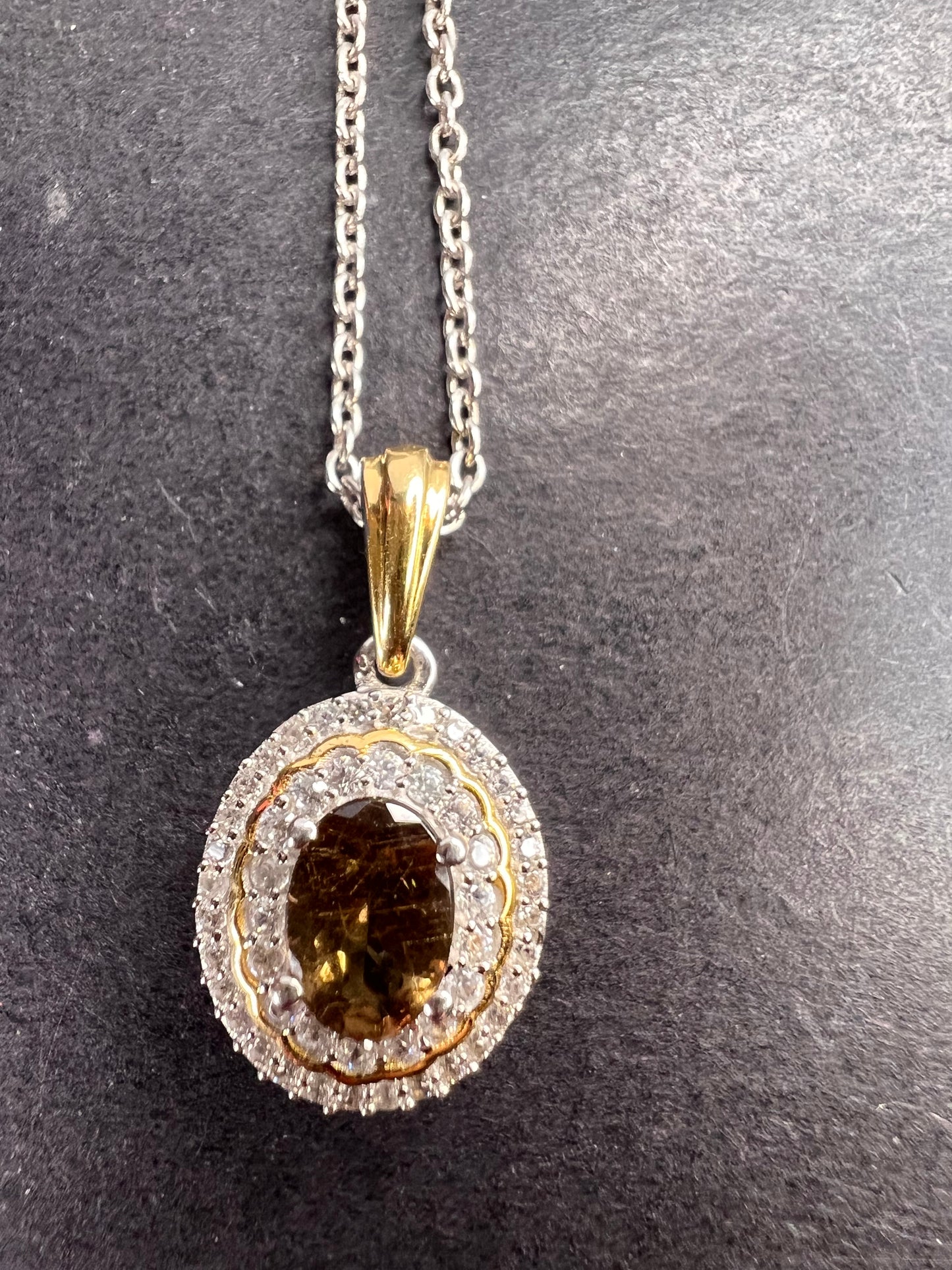 Golden tanzanite and zircon double halo two toned sterling silver pendant and chain necklace