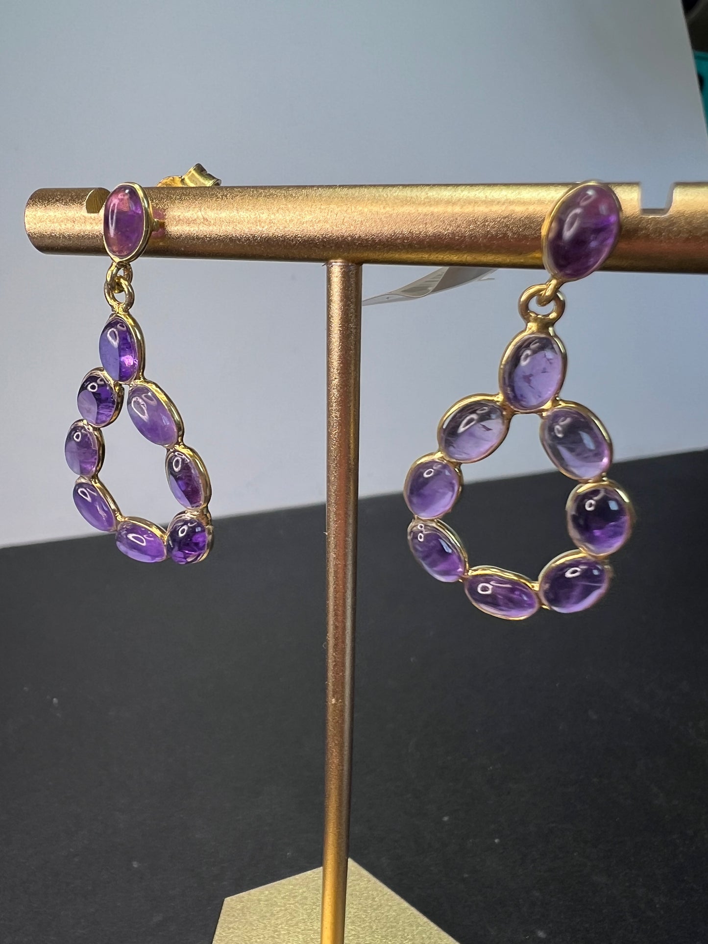 New amethyst teardrop hoop earrings in 18k gold over sterling silver