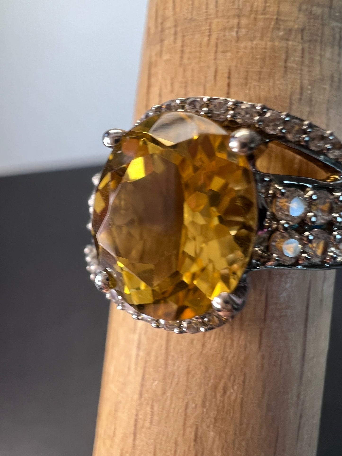 Citrine and white topaz rhodium over sterling silver ring size 9