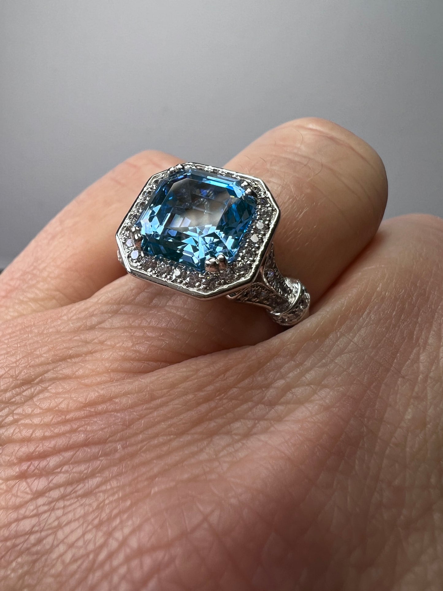 Blue zircon and CZ sterling silver cocktail ring size 7