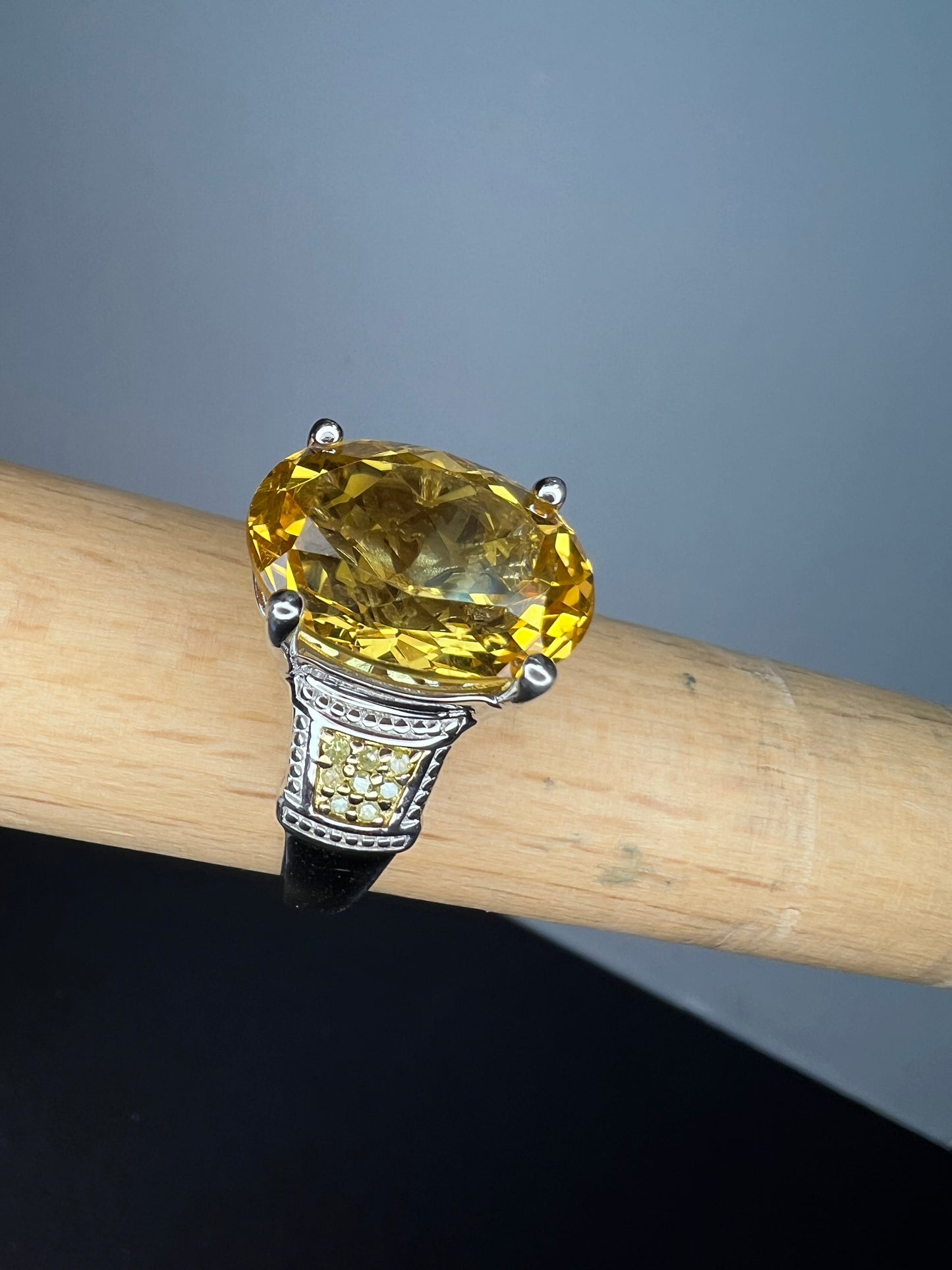 Citrine and yellow diamond ring in sterling silver size 10. 7.55 ctw