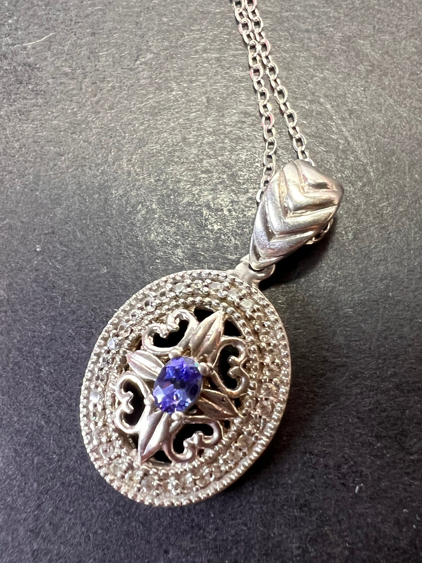 Tanzanite and zircon sterling silver pendant and chain necklace