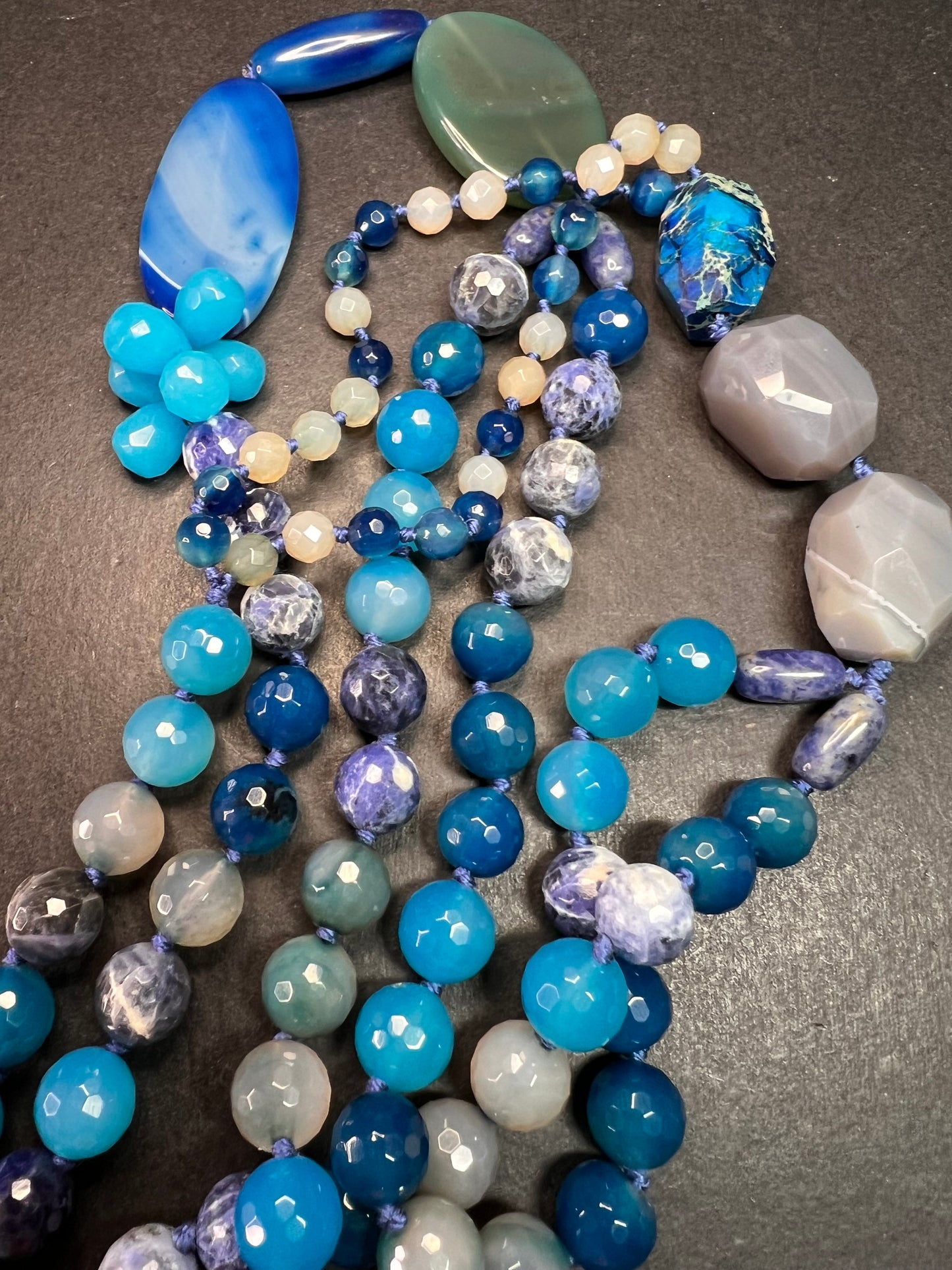 NEW multi blue semi precious stone station 36 inch necklace with sterling silver clasp