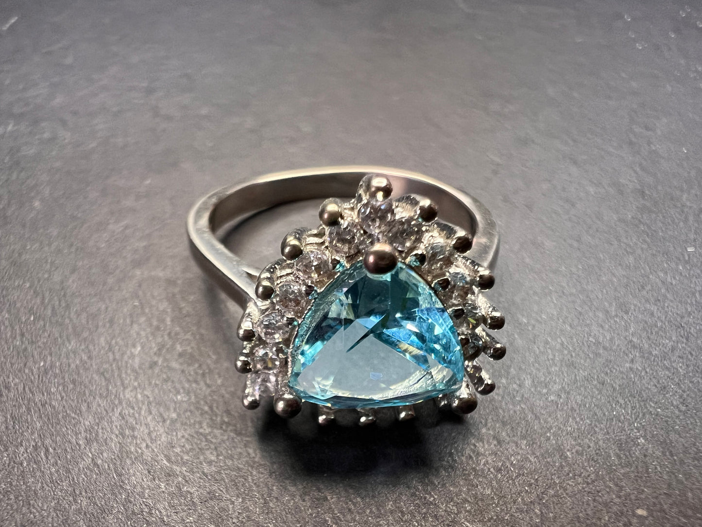 Sky blue trillium CZ halo sterling silver ring size 9