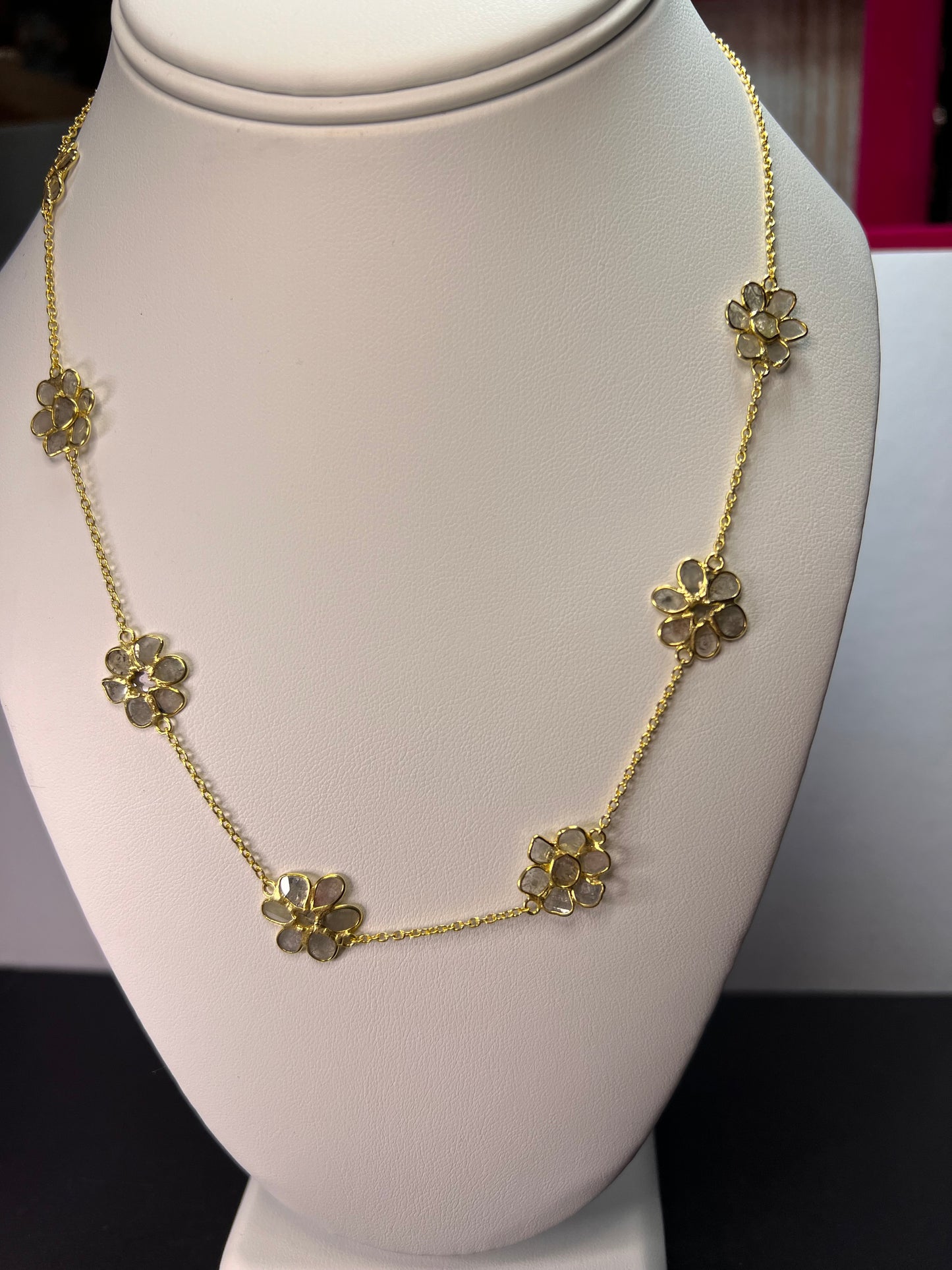 Polki diamond flowers station necklace in vermeil yellow gold over sterling silver