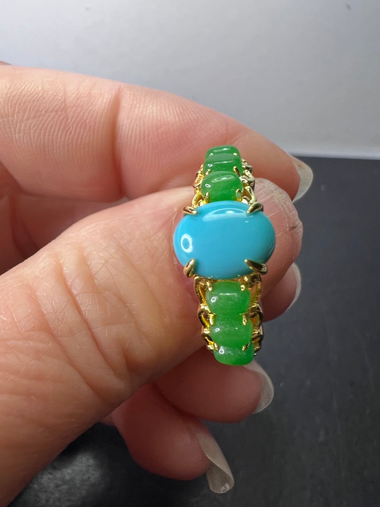 Sleeping Beauty turquoise and green jade 14k gold over silver ring size 9