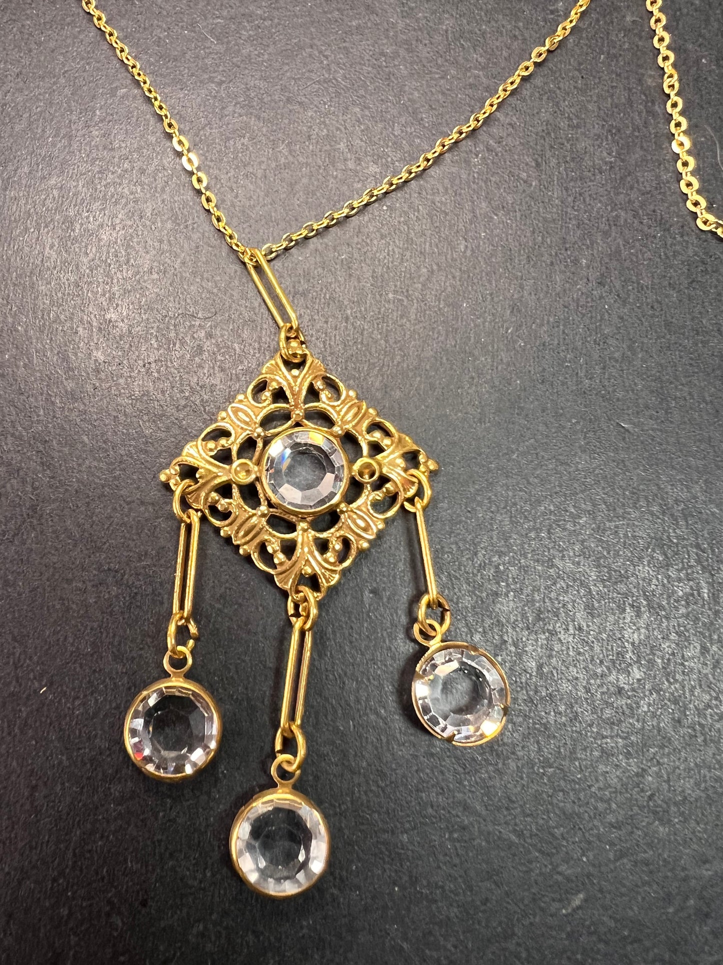 Vintage Victorian Revival Gold Tone Filigree Chandelier Necklace w/ Rivoli Glass