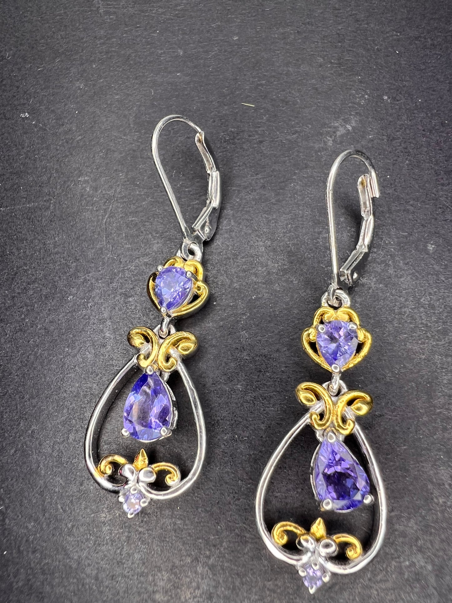 Blue tanzanite two toned sterling silver chandelier lever back earrings