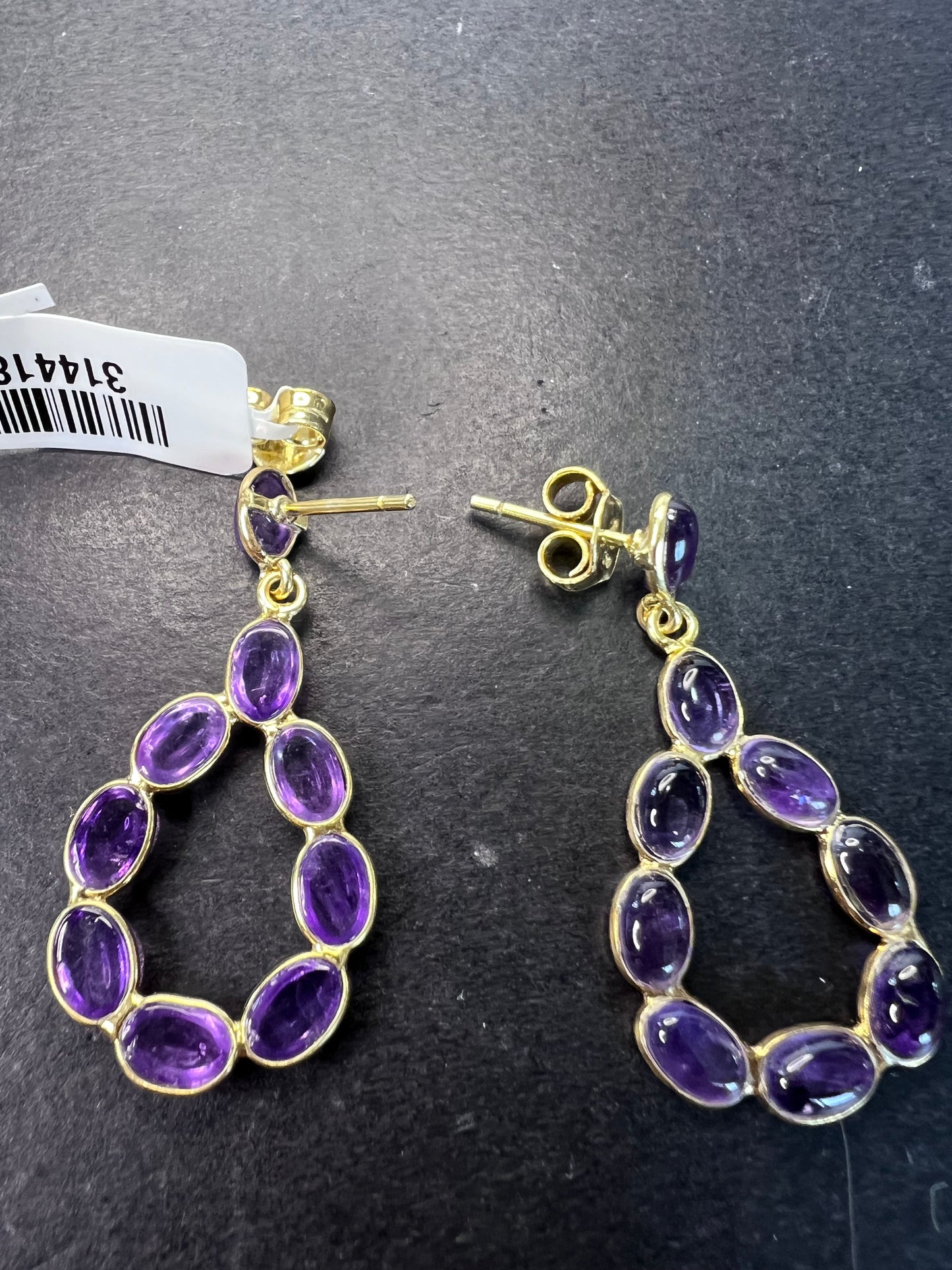 New amethyst teardrop hoop earrings in 18k gold over sterling silver