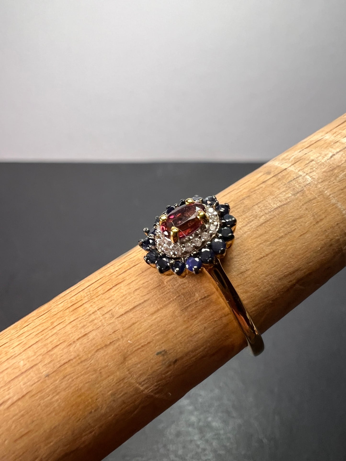 Ofiki rubellite and blue sapphire double halo ring in vermeil yellow gold over sterling silver size 8