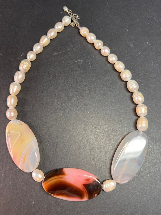 NEW freshwater pearl and agate necklace with sterling silver clasp