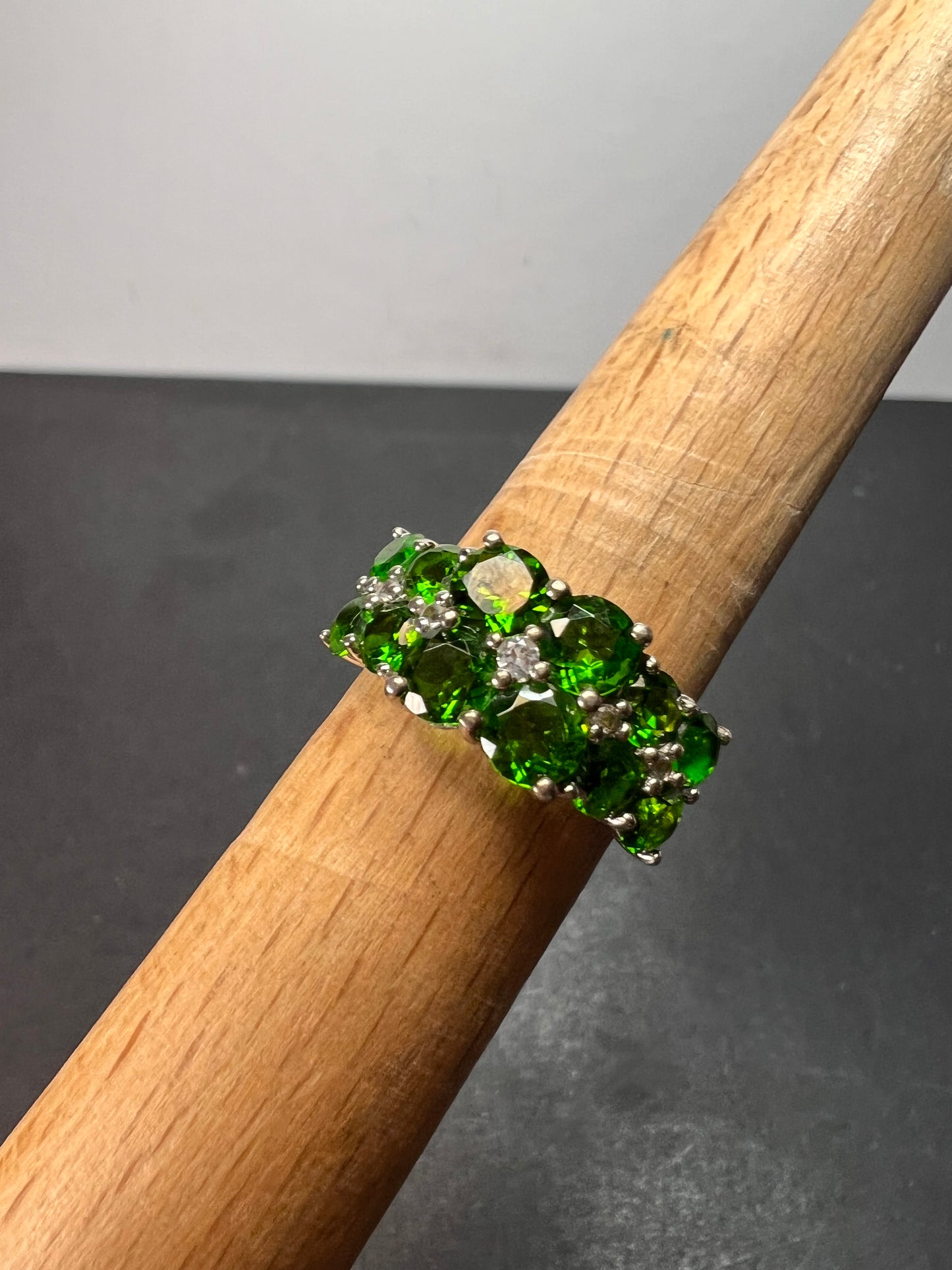 Chrome diopside and white topaz ring in rhodium over sterling silver size 8