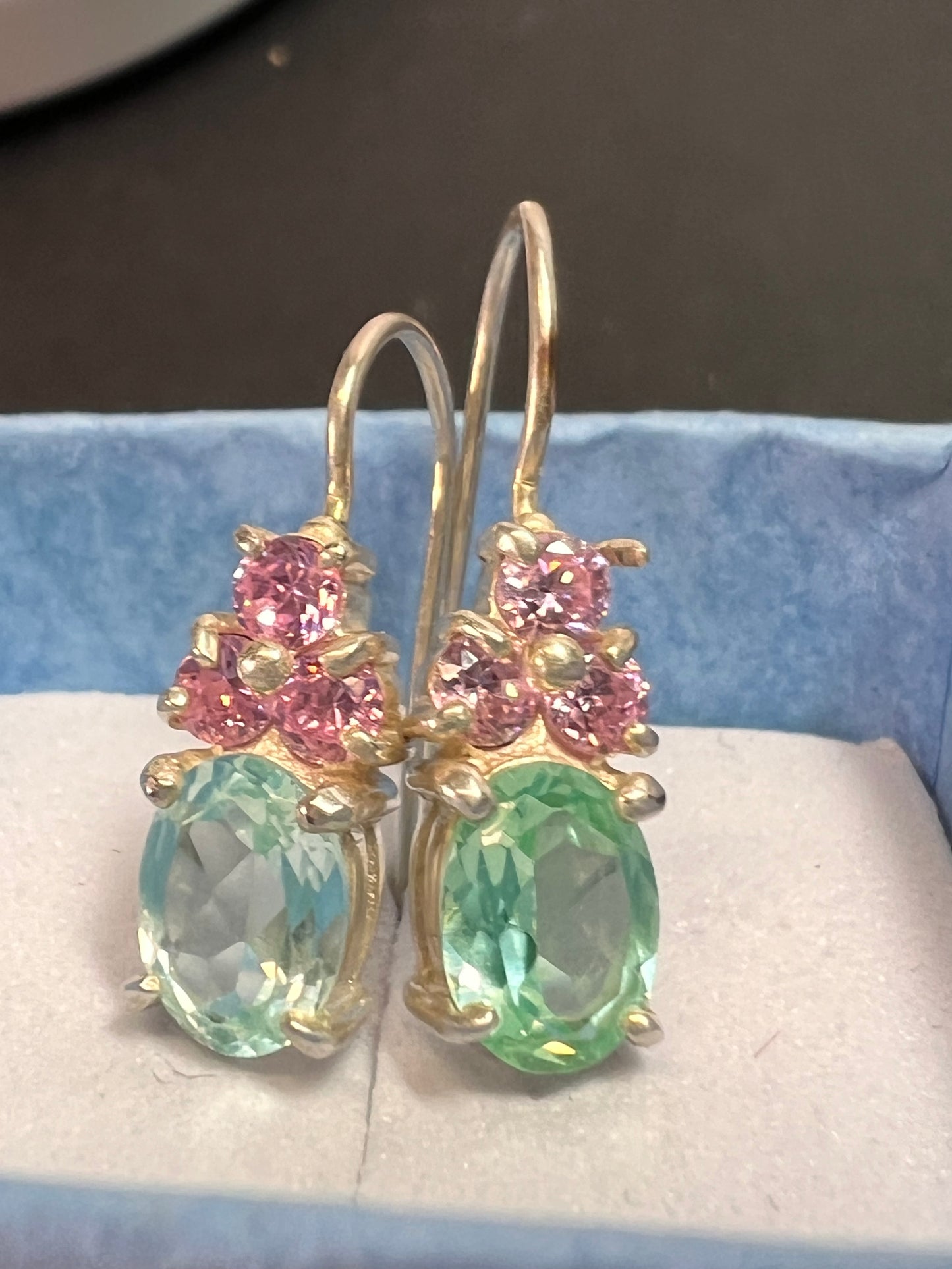 Aqua spinel and pink CZ sterling silver earrings by HAN