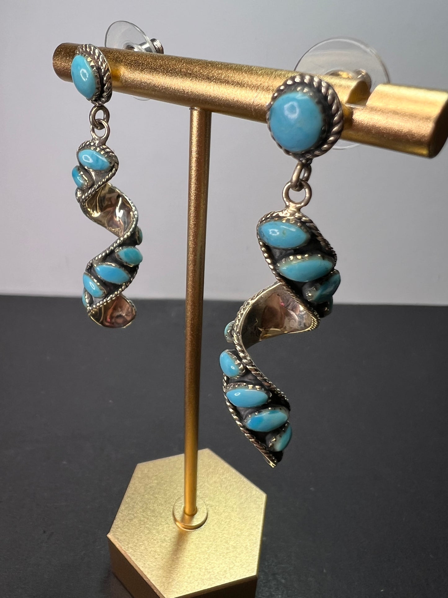 Santa Fe style Kingman turquoise swirl twisted drop sterling silver earrings