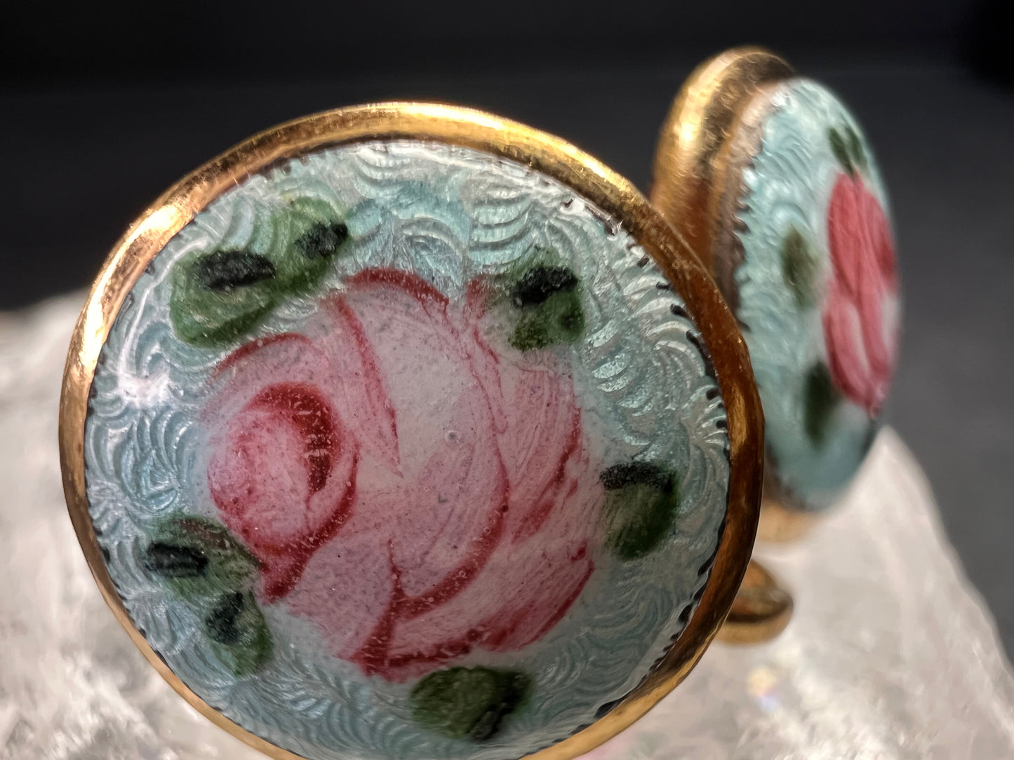 Vintage MCM Gold Tone Guilloche Enamel Pink Rose Screw Back Earrings