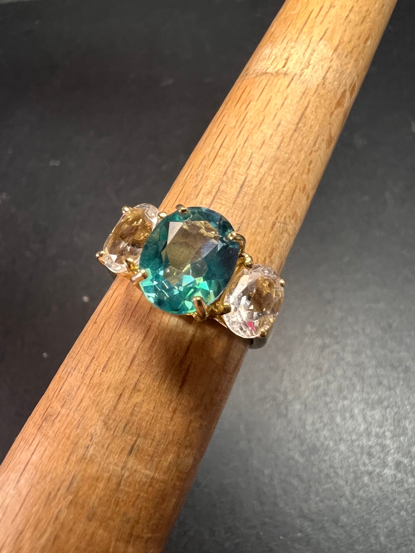 Vintage 10K Yellow Gold Blue Topaz & White Topaz Three-Stone Ring – Size 7