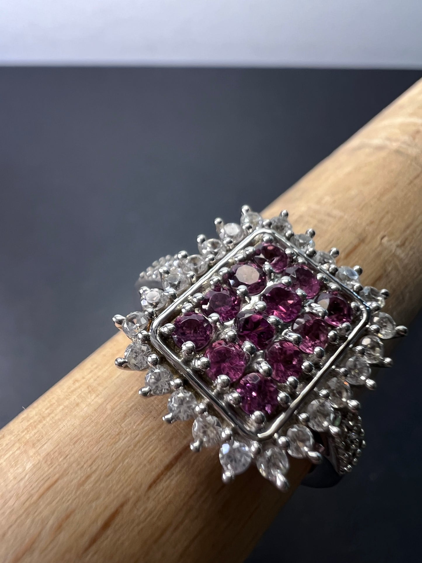 Pink tourmaline and white topaz sterling silver cluster ring size 9