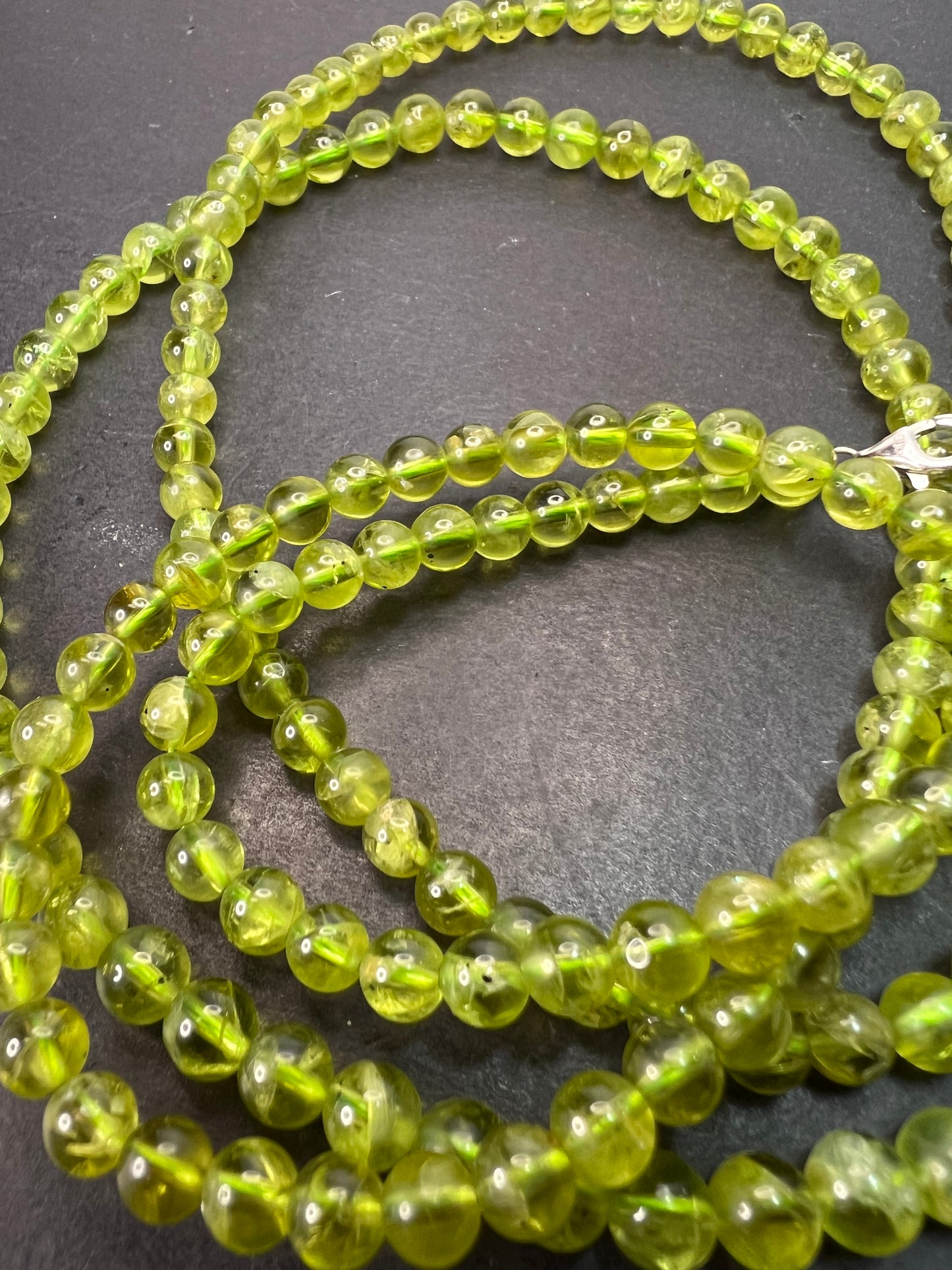 6mm high grade peridot beaded 36 inch necklace with sterling silver clasp