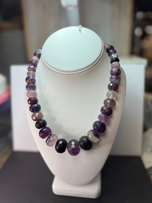 Rainbow and purple fluorite faceted beaded statement necklace with 925 lobster clasp