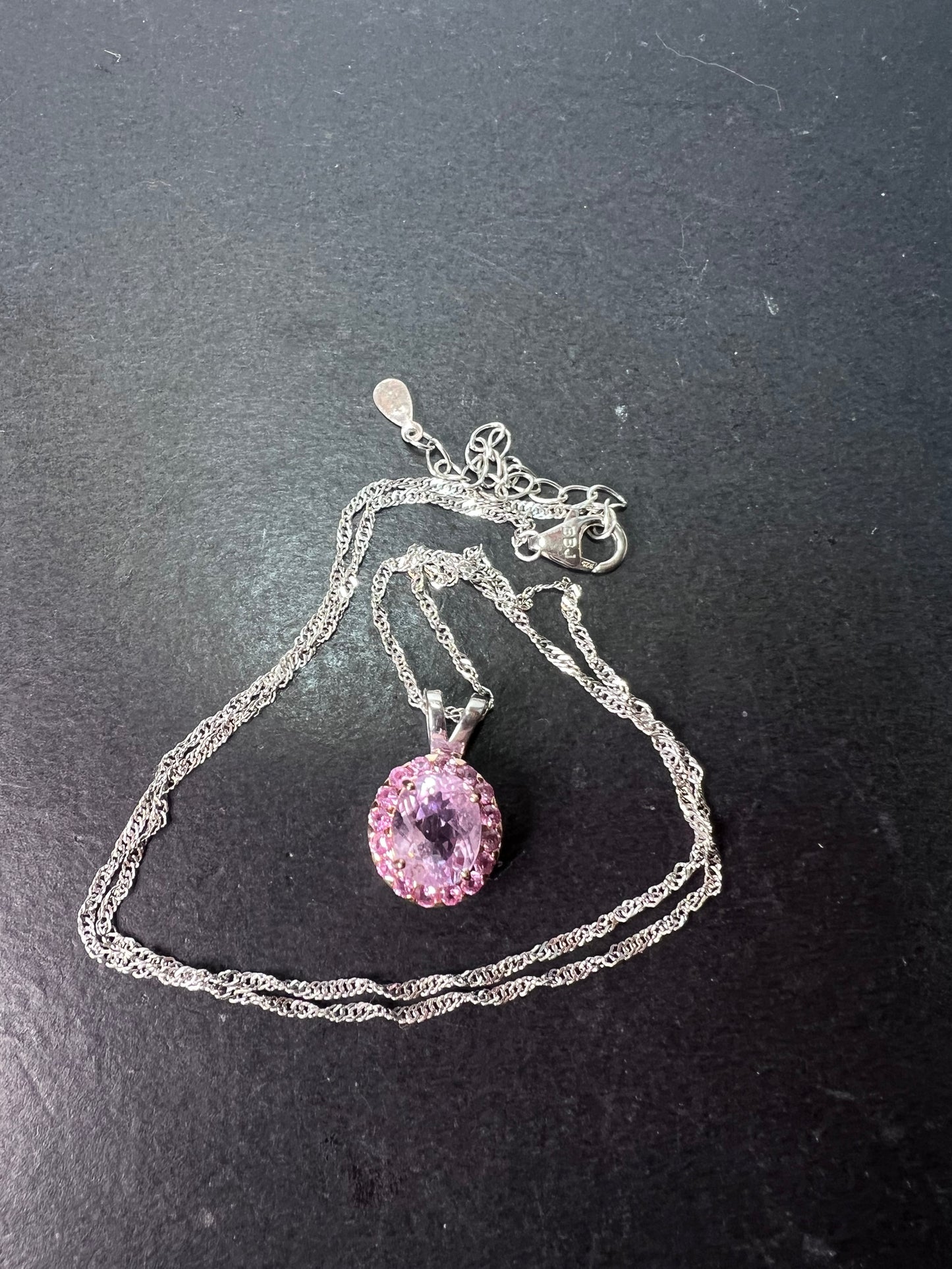 Kunzite and pink sapphire halo pendant necklace in sterling silver