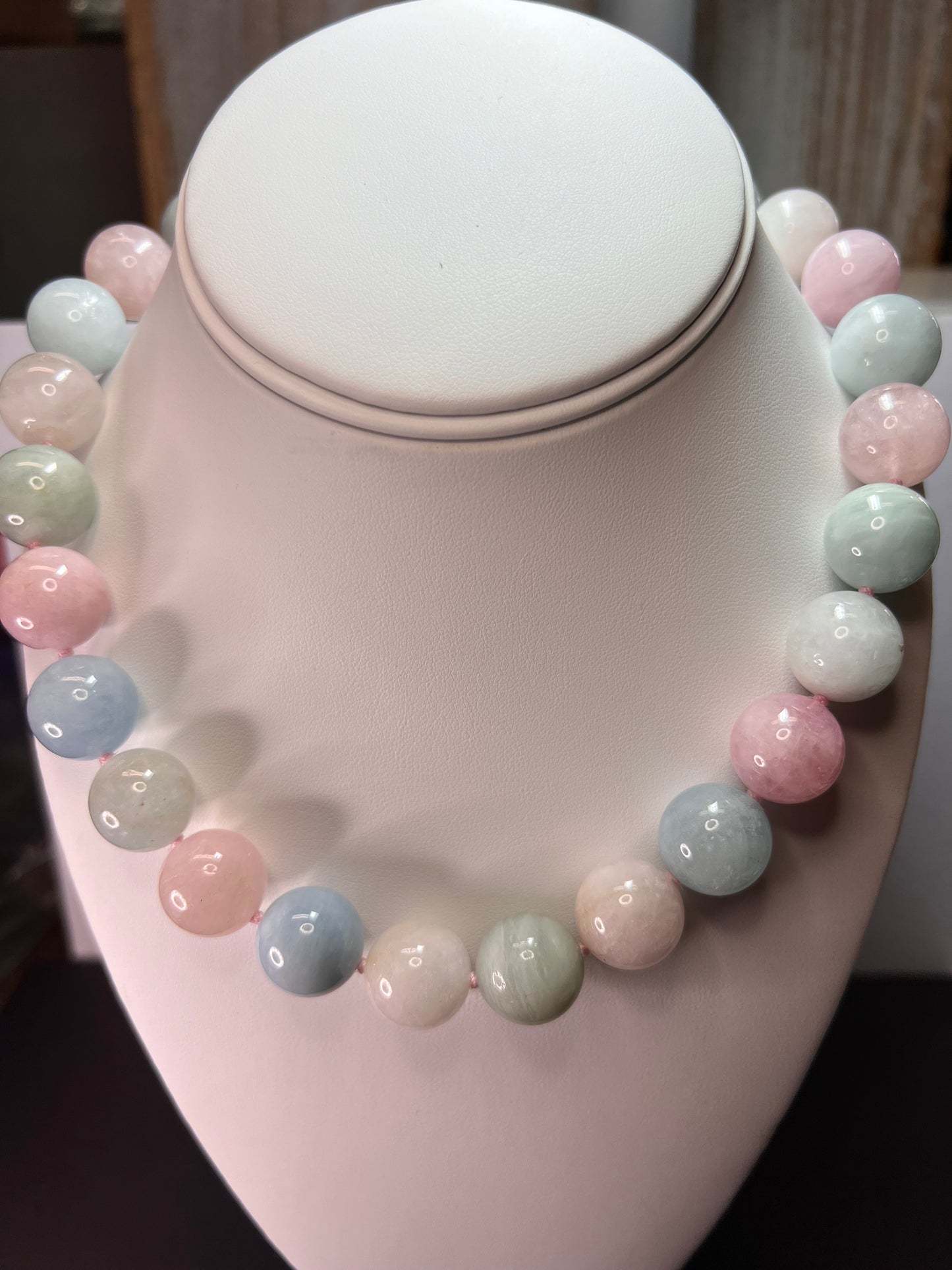 16mm morganite aquamarine beryl knotted bead 18 inch necklace with 925 magnetic clasp