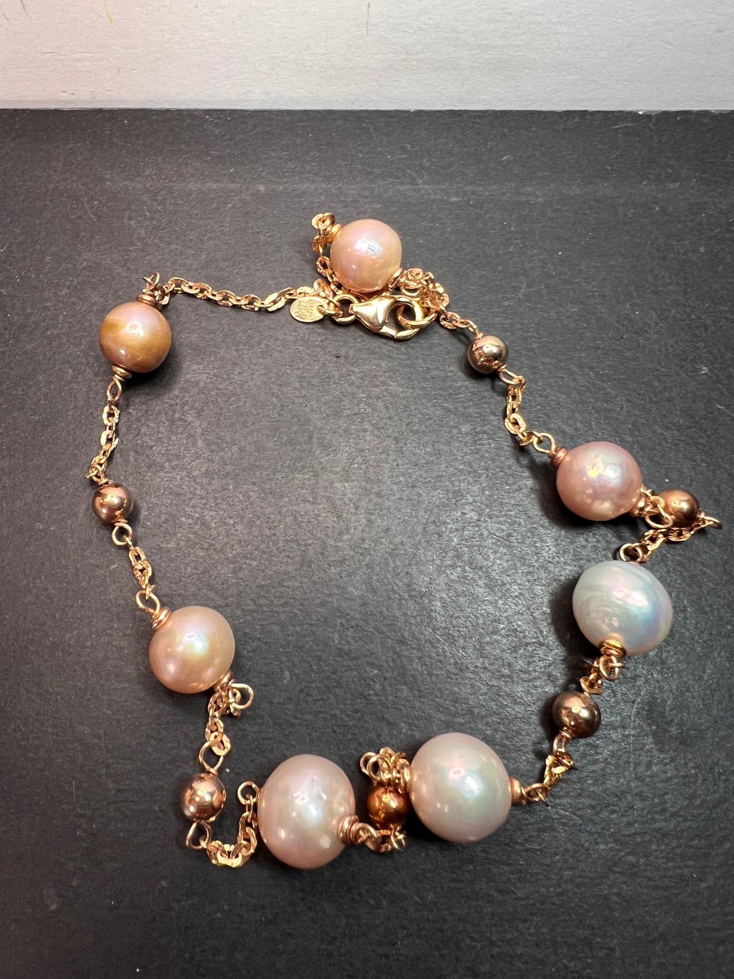 Cultured pearl station necklace in rose gold over bronze