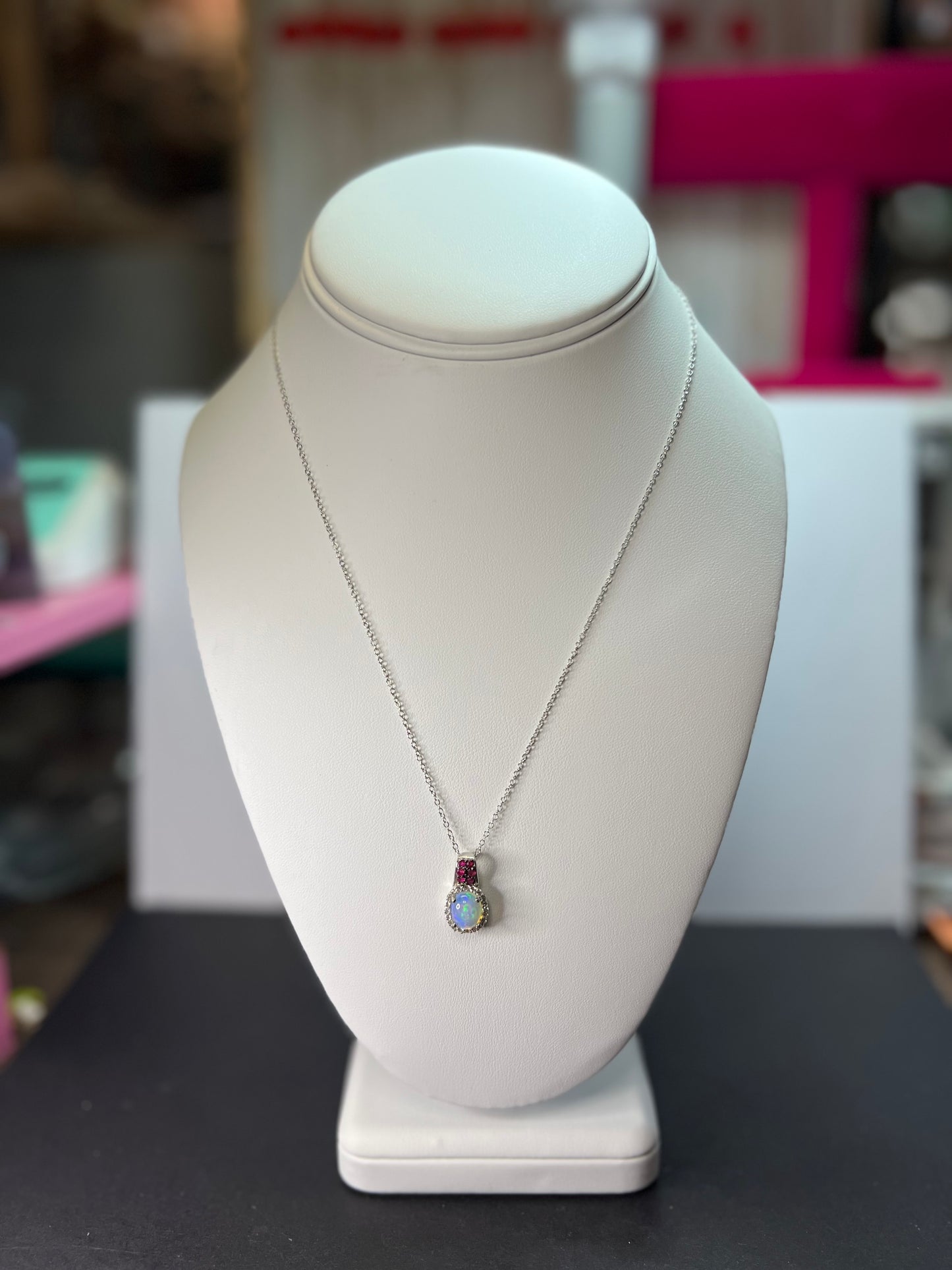 Ethiopian opal, ruby and zircon pendant and chain in platinum over sterling silver *NEW*